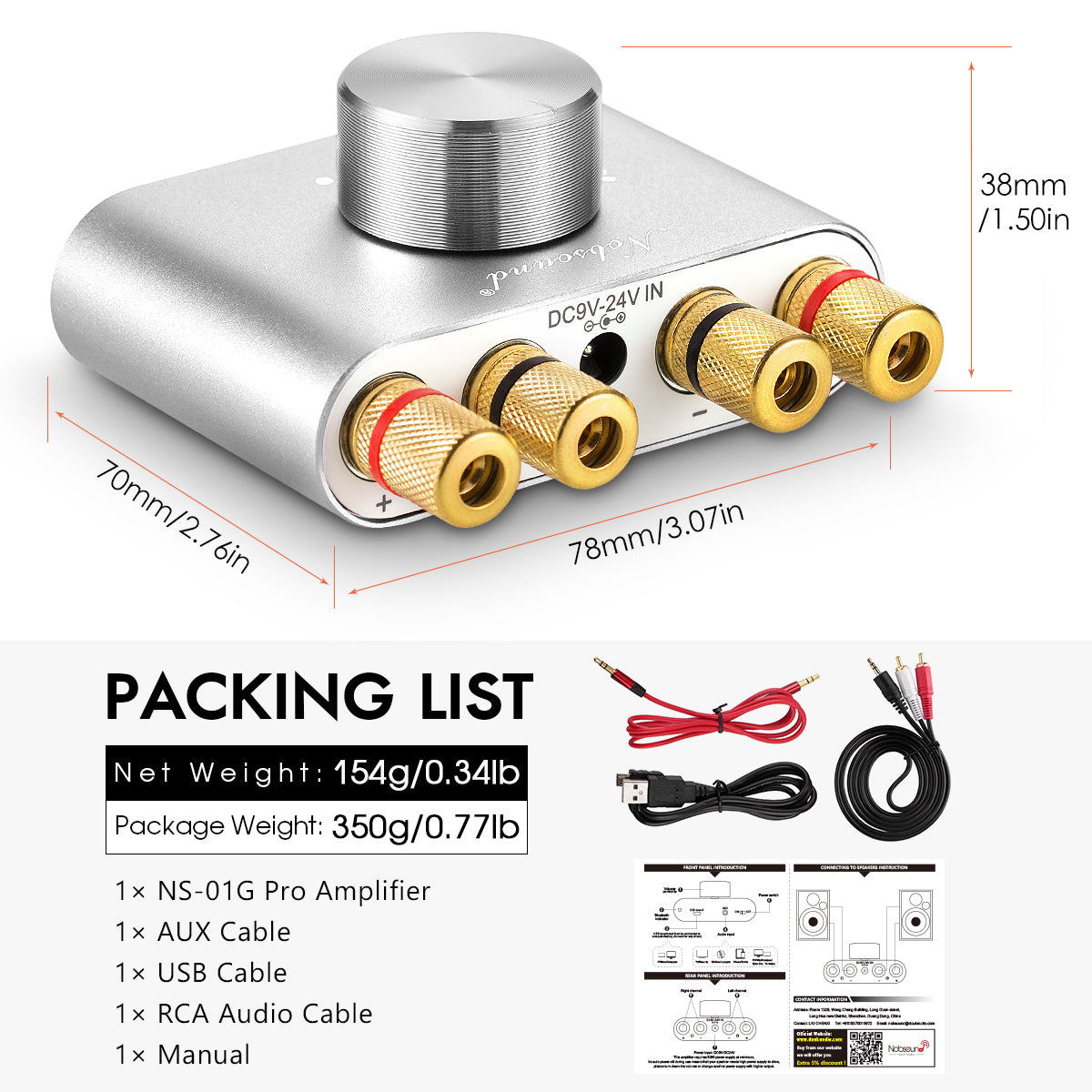 Nobsound NS-01G PRO Mini Bluetooth 5.0 Digital Amplifier USB Sound Card Stereo Audio Amp 50W+50W