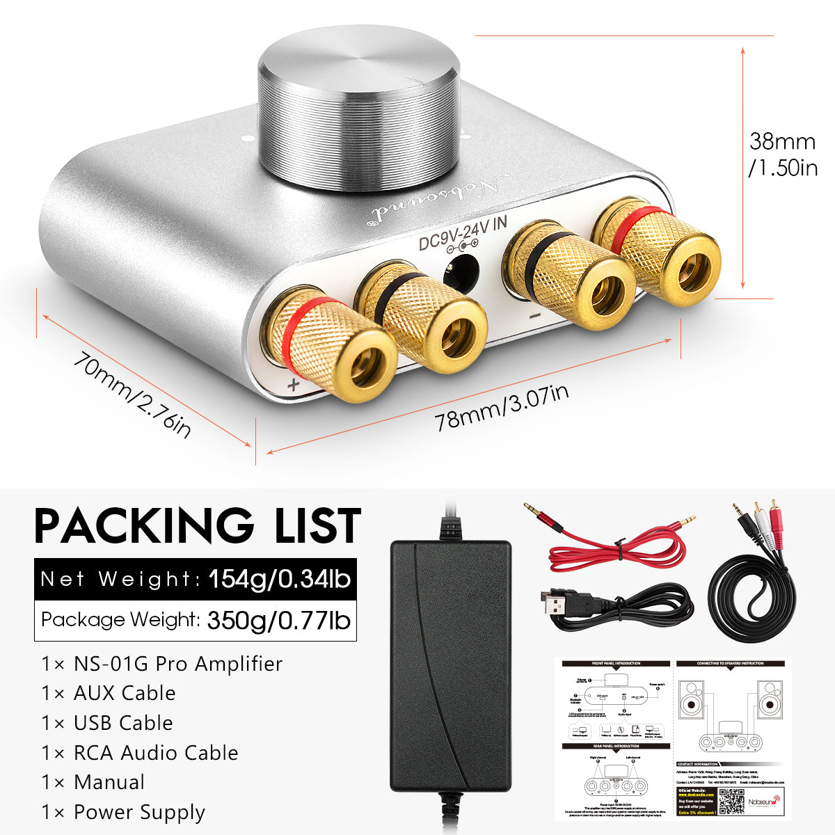 Nobsound NS-01G PRO Mini Bluetooth 5.0 Digital Amplifier USB Sound Card Stereo Audio Amp 50W+50W
