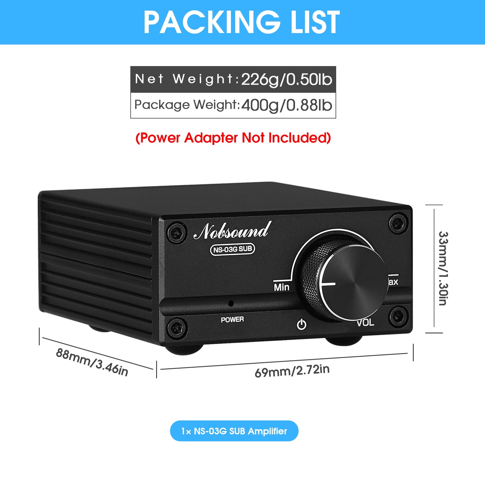 Nobsound NS-03G SUB Mini Mono Channel Digital Amplifier HiFi Home Subwoofer Power Amp 100W
