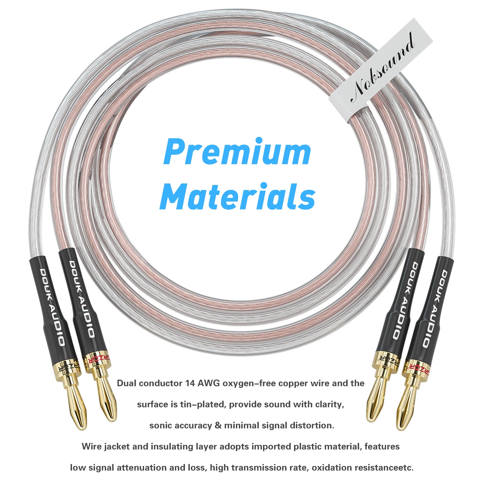 Douk Audio 14AWG OFC Copper Speaker Wire Cable with Gold-Plated Banana Tip Plugs