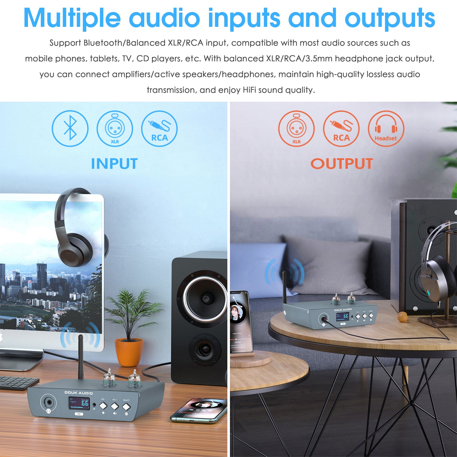 Douk Audio H8 HiFi Tube Bluetooth Preamp Receiver Balanced XLR/RCA Pre-Amplifier Headphone Amp