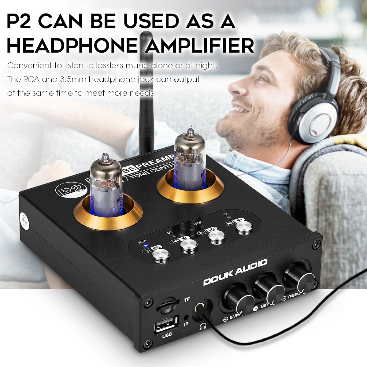 Douk Audio P2 Mini Bluetooth 5.0 Vacuum Tube Preamp USB Player Stereo Headphone Amplifier
