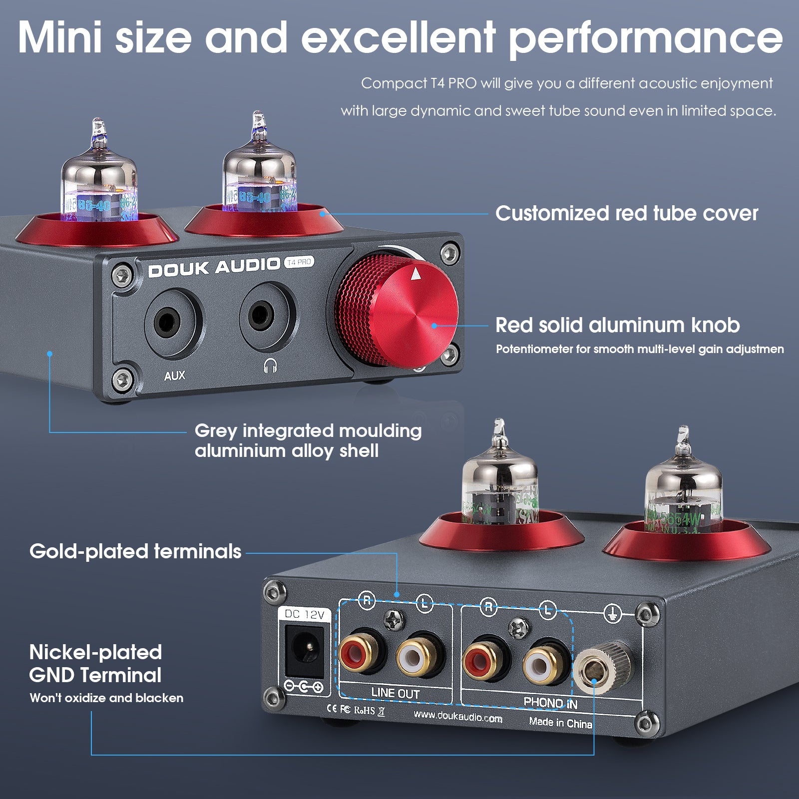 Douk Audio T4 PRO Mini GE5654 Vacuum Tube Phono Preamp Home Stereo Audio Pre-Amplifier Headphone Amp