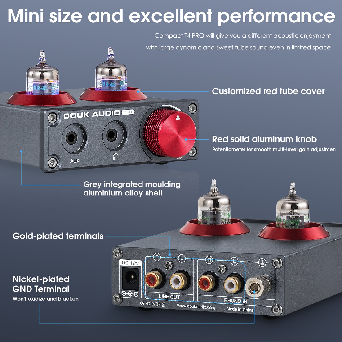 Douk Audio T4 PRO Mini GE5654 Vacuum Tube Phono Preamp Home Stereo Audio Pre-Amplifier Headphone Amp