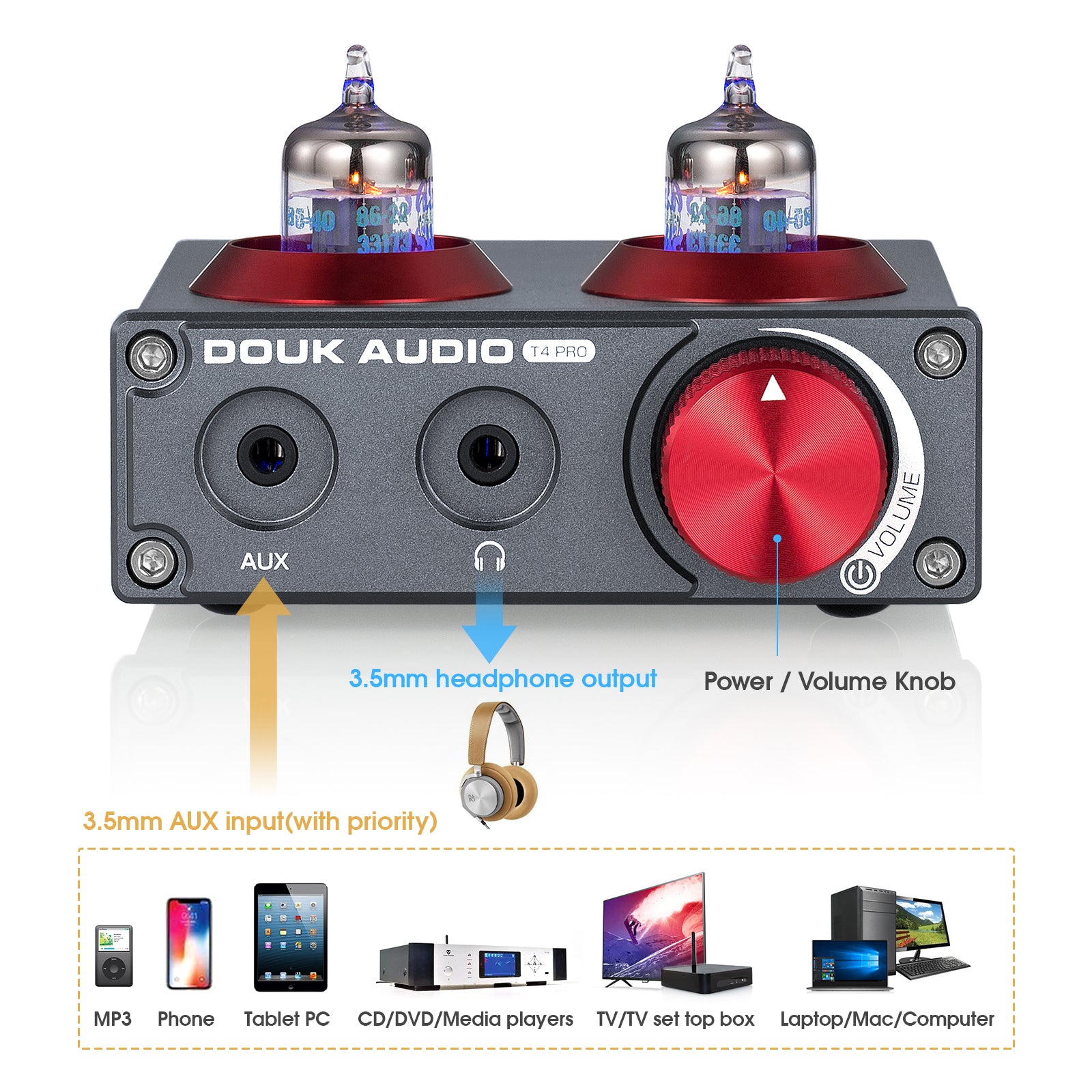 Douk Audio T4 PRO Mini GE5654 Vacuum Tube Phono Preamp Home Stereo Audio Pre-Amplifier Headphone Amp