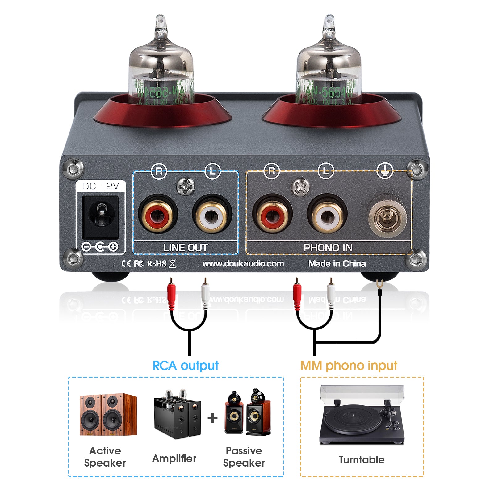 Douk Audio T4 PRO Mini GE5654 Vacuum Tube Phono Preamp Home Stereo Audio Pre-Amplifier Headphone Amp