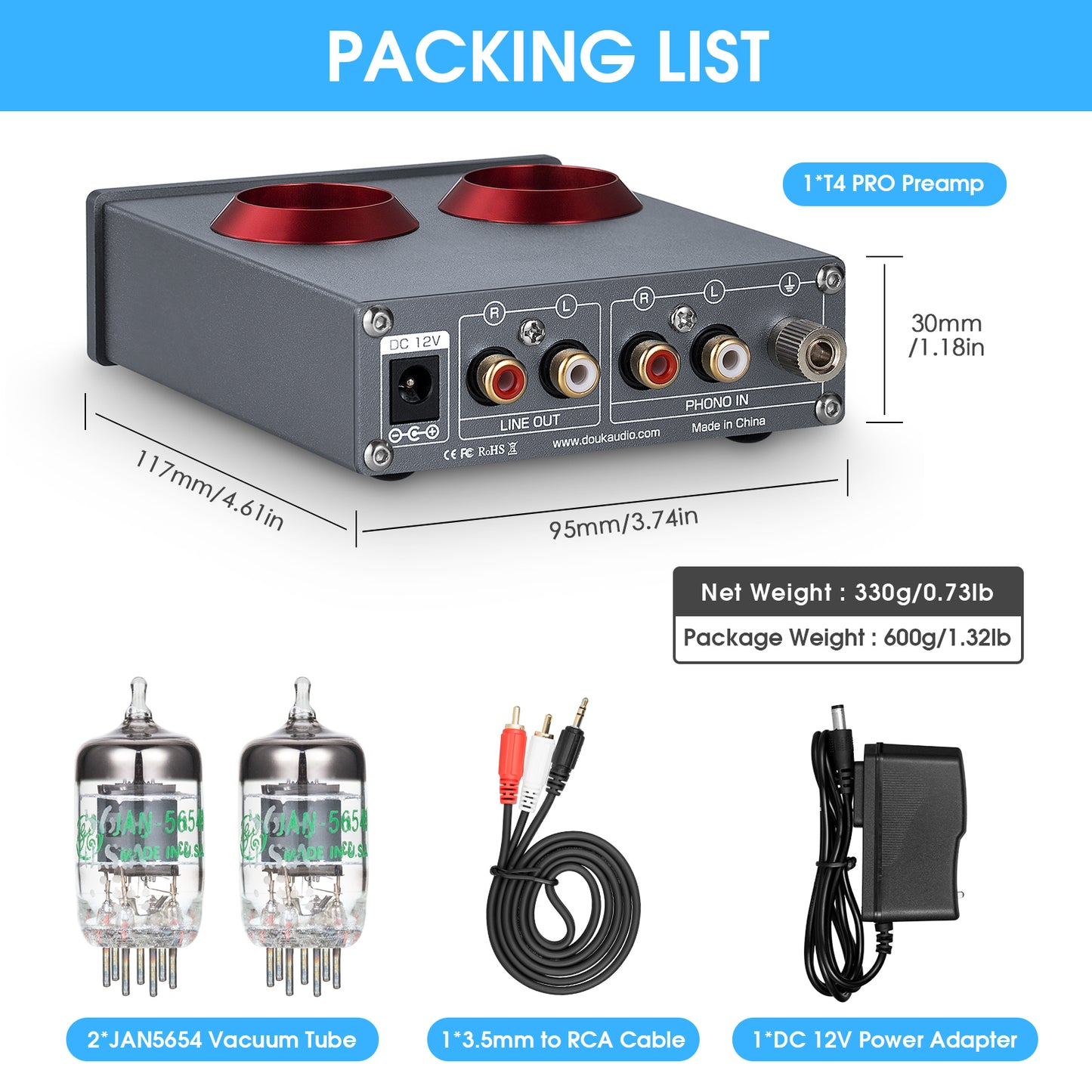 Douk Audio T4 PRO Mini GE5654 Vacuum Tube Phono Preamp Home Stereo Audio Pre-Amplifier Headphone Amp