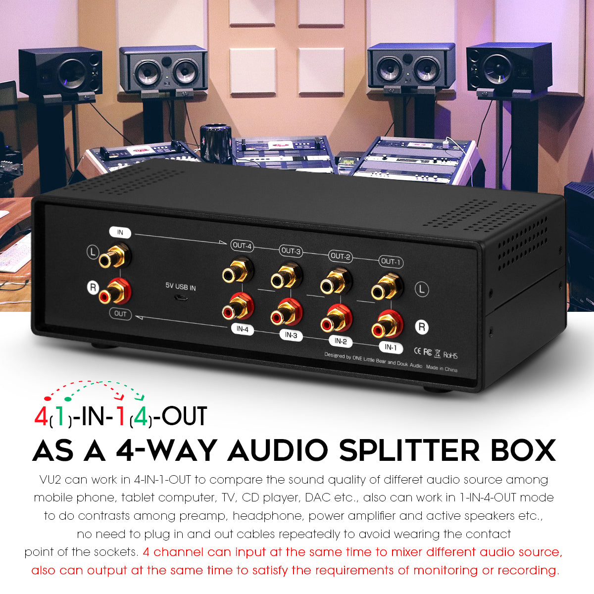 Douk Audio VU2 MIC+LINE Dual Analog VU Meter Stereo RCA Audio Splitter Switcher Box Audio Spectrum Display