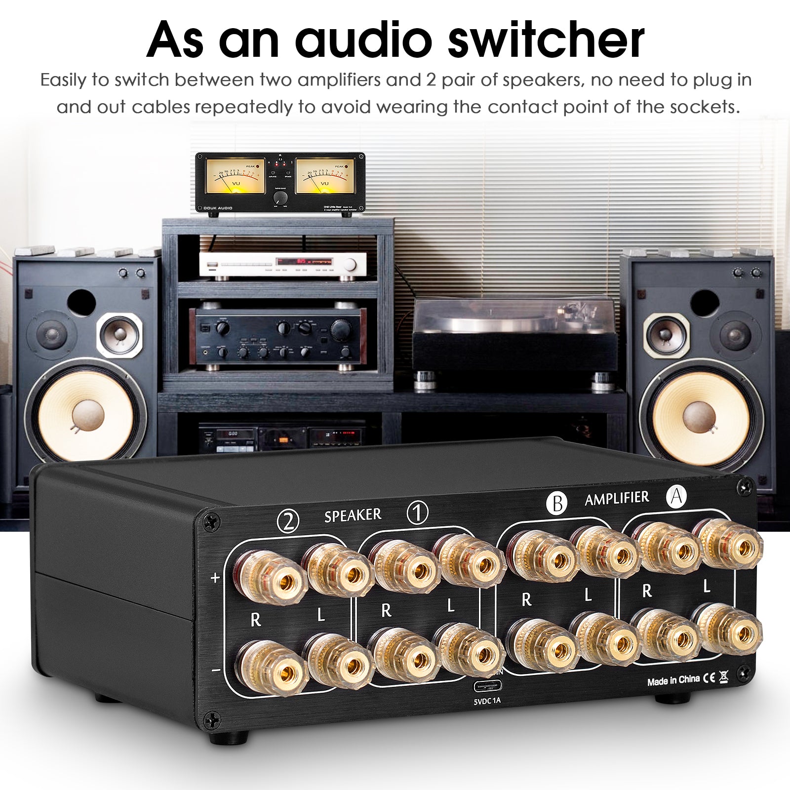 Douk Audio VU3 Dual Analog VU Meter 2-way Amplifier/Speaker Audio Switcher Box DB Panel Display
