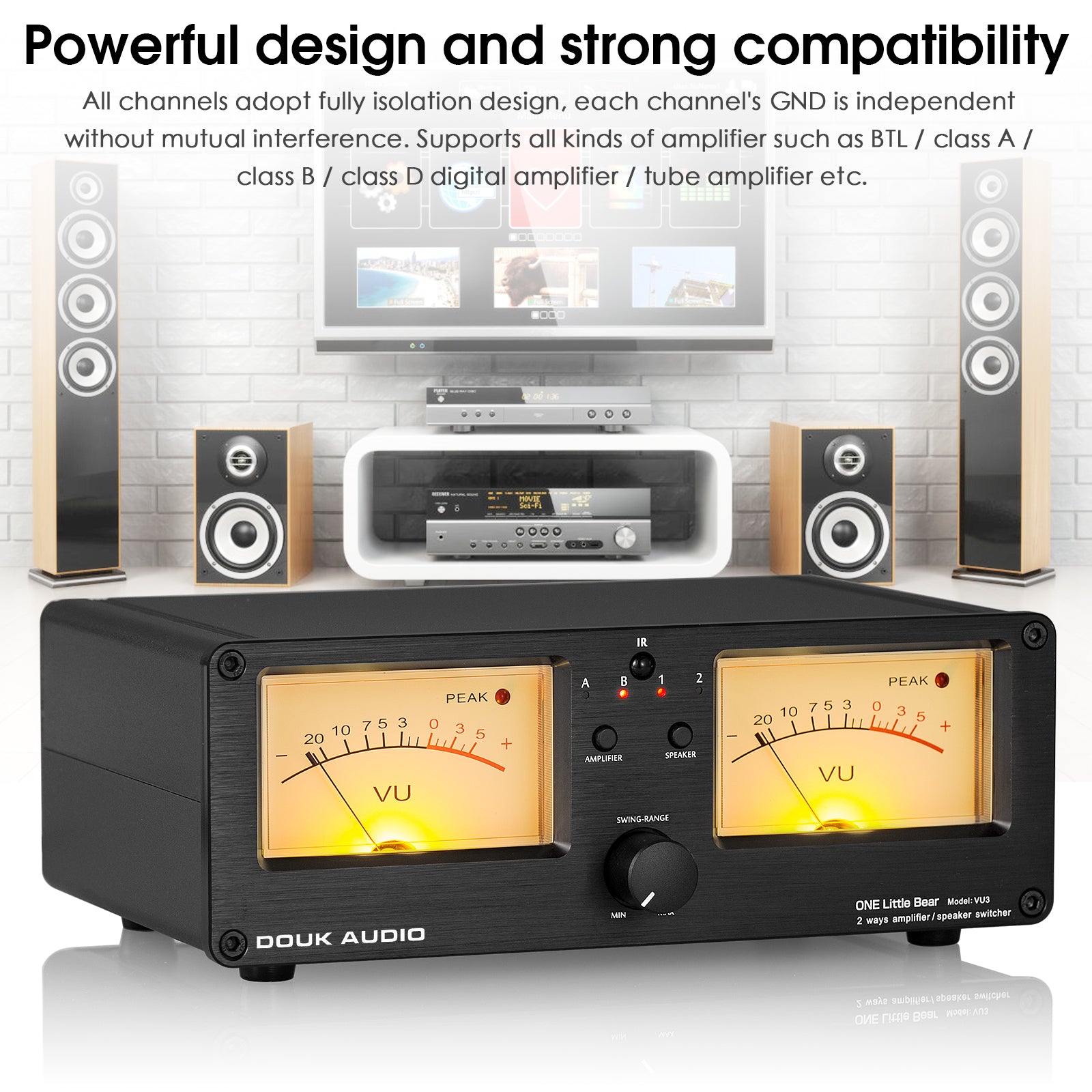 Douk Audio VU3 Dual Analog VU Meter 2-way Amplifier/Speaker Audio Switcher Box DB Panel Display