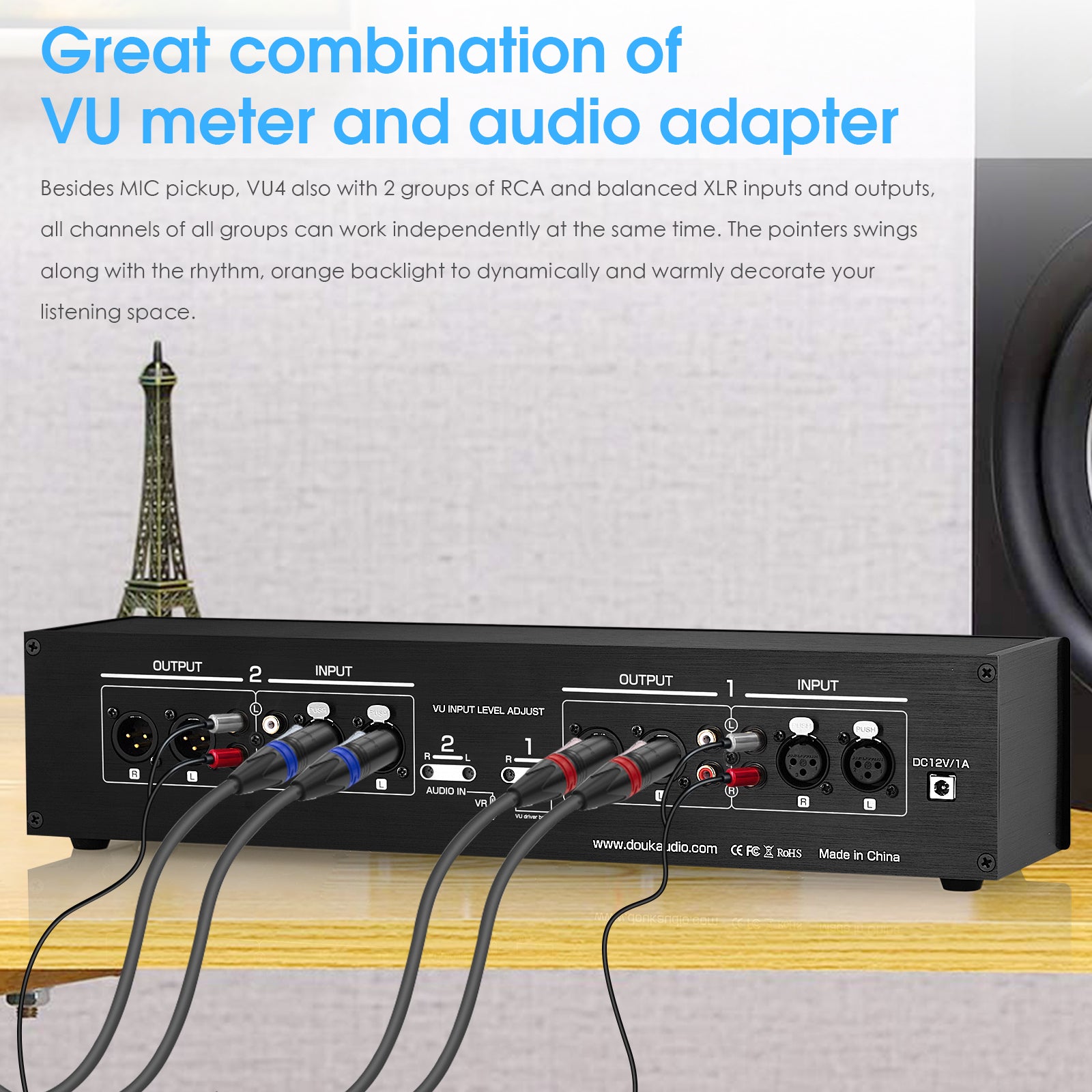 Douk Audio VU4 Analog VU Meter RCA/XLR Switcher Box MIC Sound Level DB Panel Display Stereo Audio Adapter