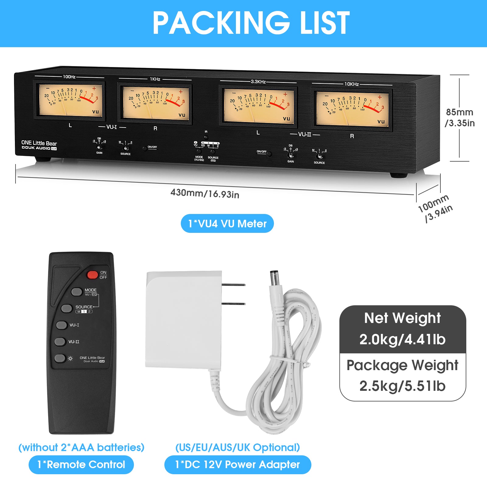 Douk Audio VU4 Analog VU Meter RCA/XLR Switcher Box MIC Sound Level DB Panel Display Stereo Audio Adapter