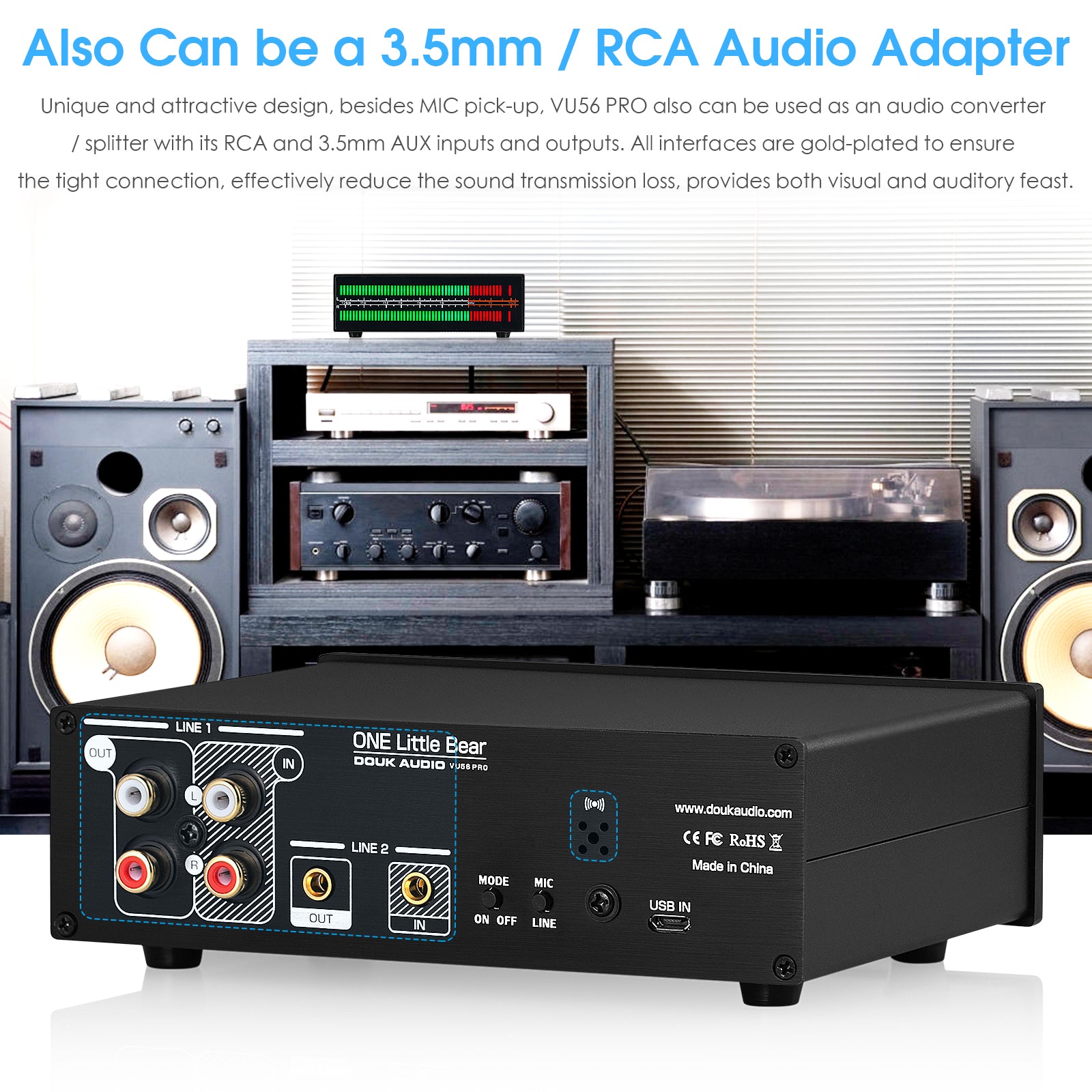 Douk Audio VU56PRO MIC+LINE Stereo RGB LED Sound Level Meter Audio Splitter Switcher Music Spectrum Visualizer