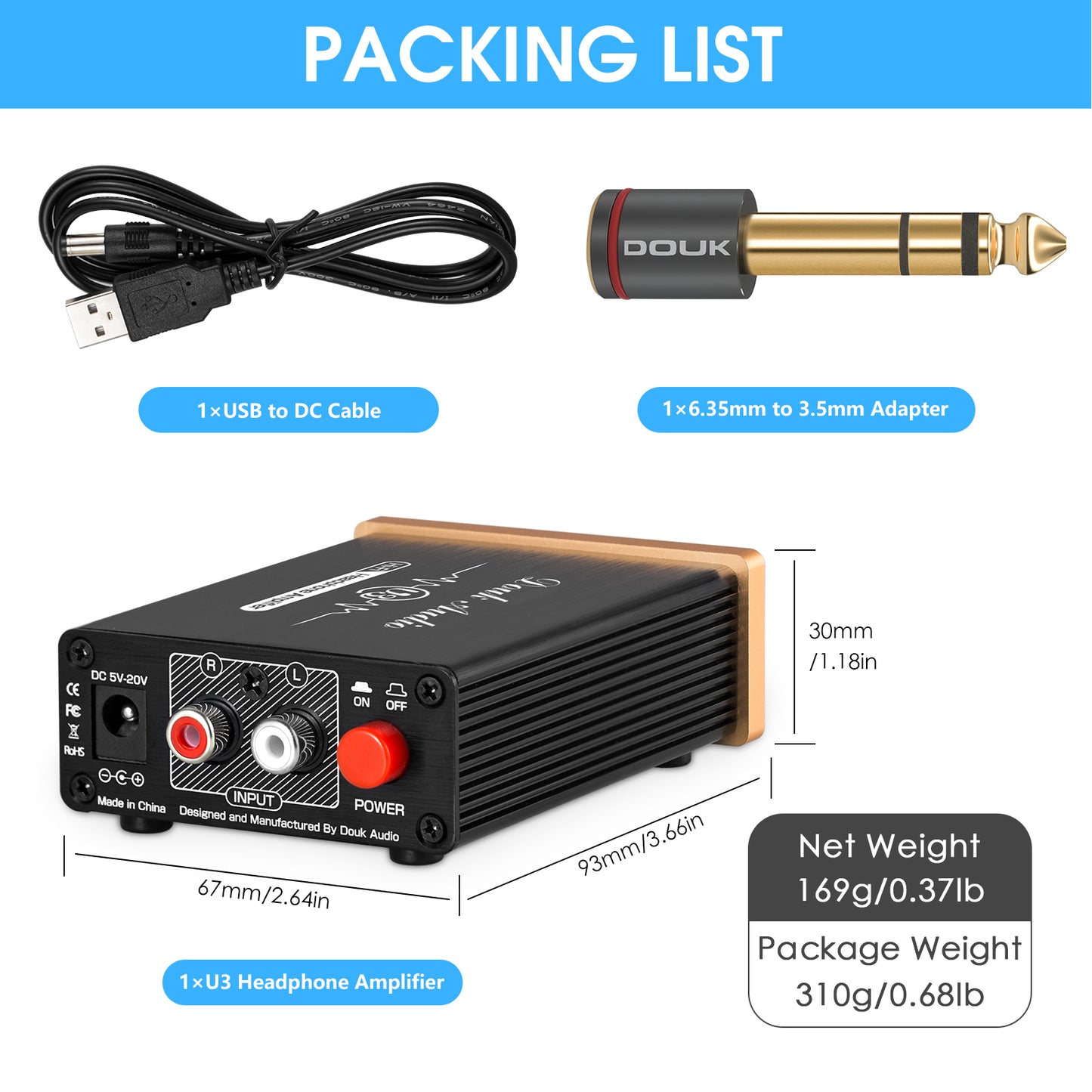 Douk Audio U3 迷你 A 类耳机放大器 HiFi 桌面立体声放大器,适用于 HD650/K701/DT880/T70/RS1e