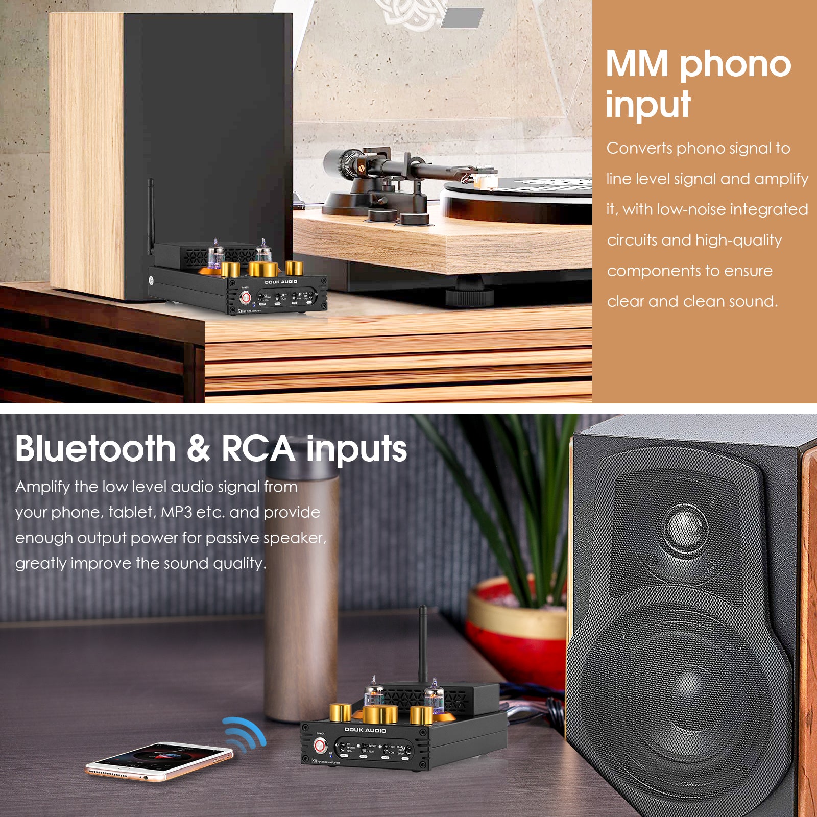 Douk Audio X1 HiFi Bluetooth 5.0 Vacuum Tube Amplifier Desktop Audio Amp for Turntables 160Wx2