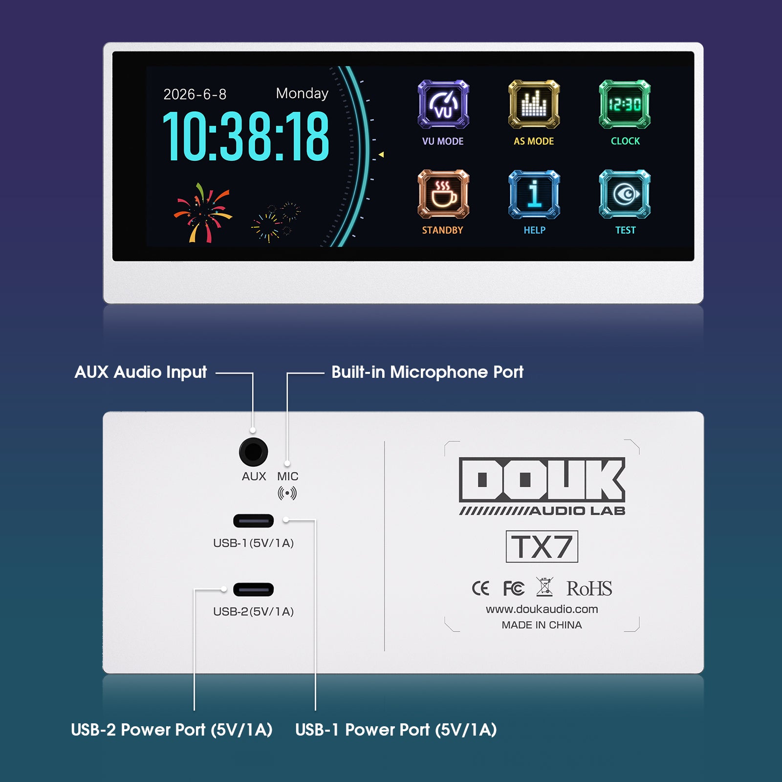 Douk Audio Lab TX7 VU Meter Audio Spectrum Visualizer & Desktop Clock Display