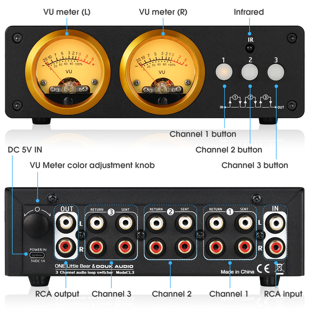 Douk Audio L3 3 Channel Stereo Audio Loop Switcher with VU Meter RCA S