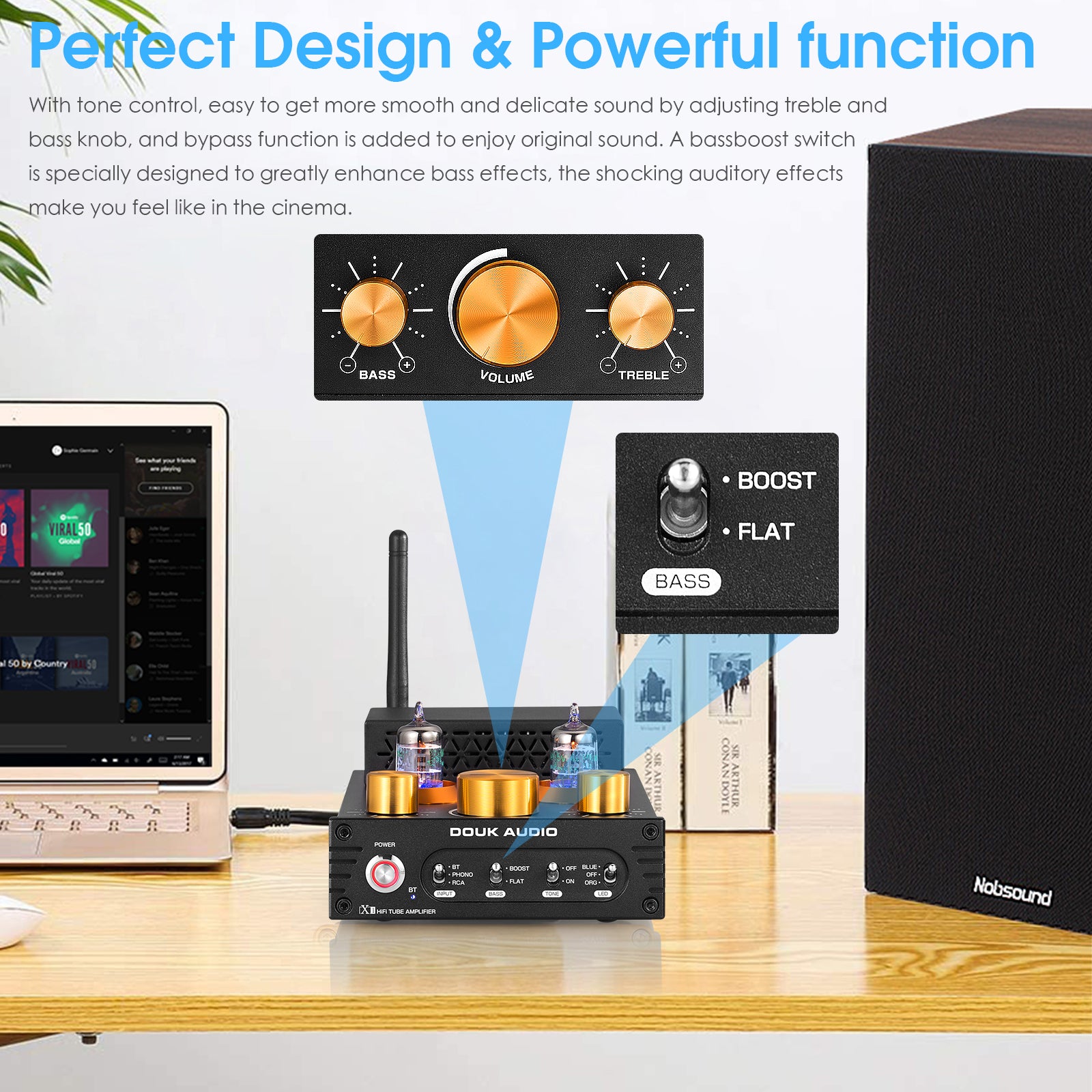 Douk Audio X1 HiFi Bluetooth 5.0 Vacuum Tube Amplifier Desktop Audio Amp for Turntables 160Wx2