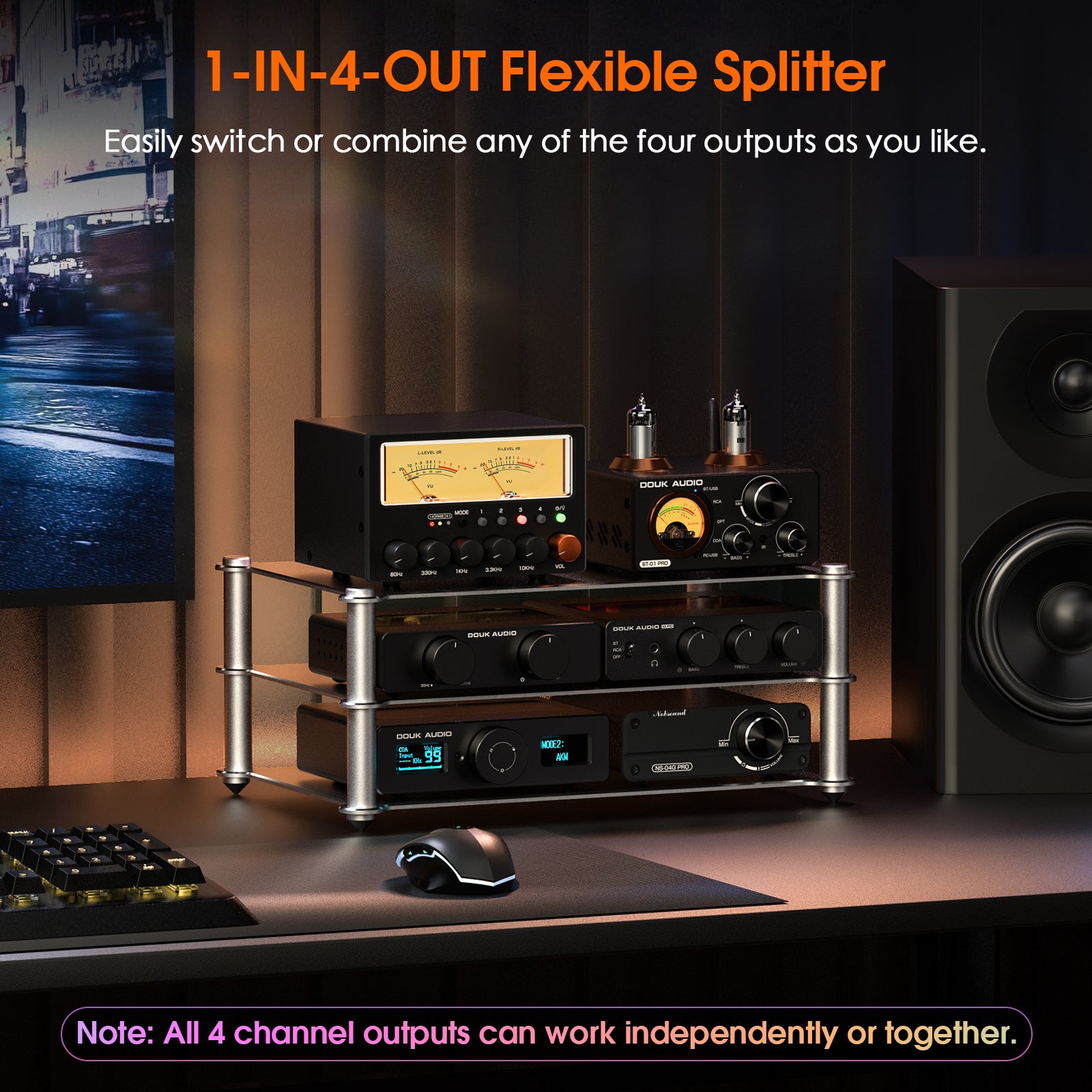 Douk Audio D5 4-Way Audio Switcher/Splitter with EQ Preamp
