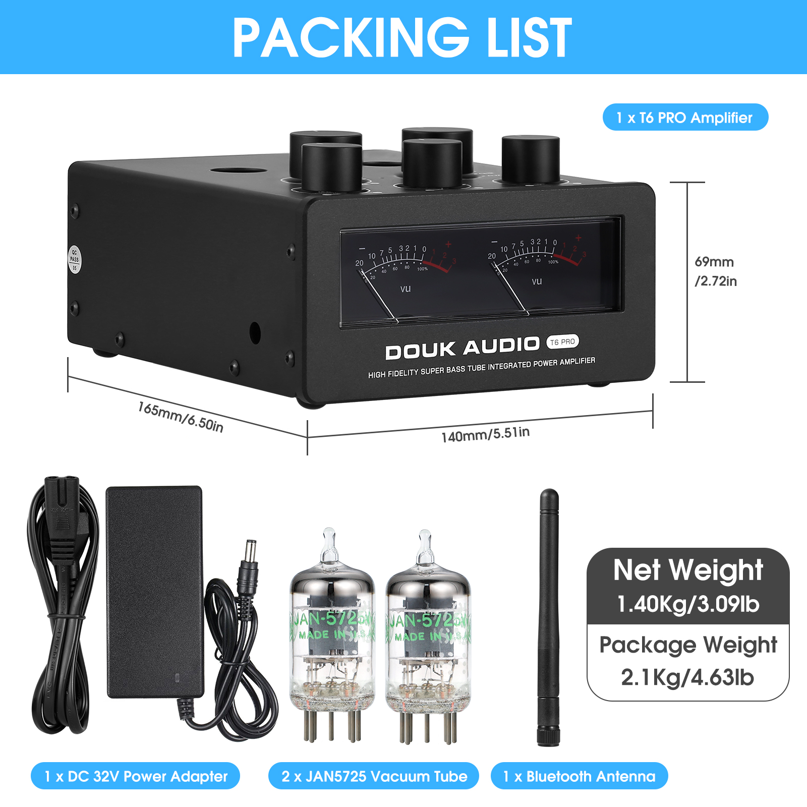 Douk Audio T6PRO HIFI TPA3255 Bluetooth Tube Amplifier with VU Meter 300Watts x2