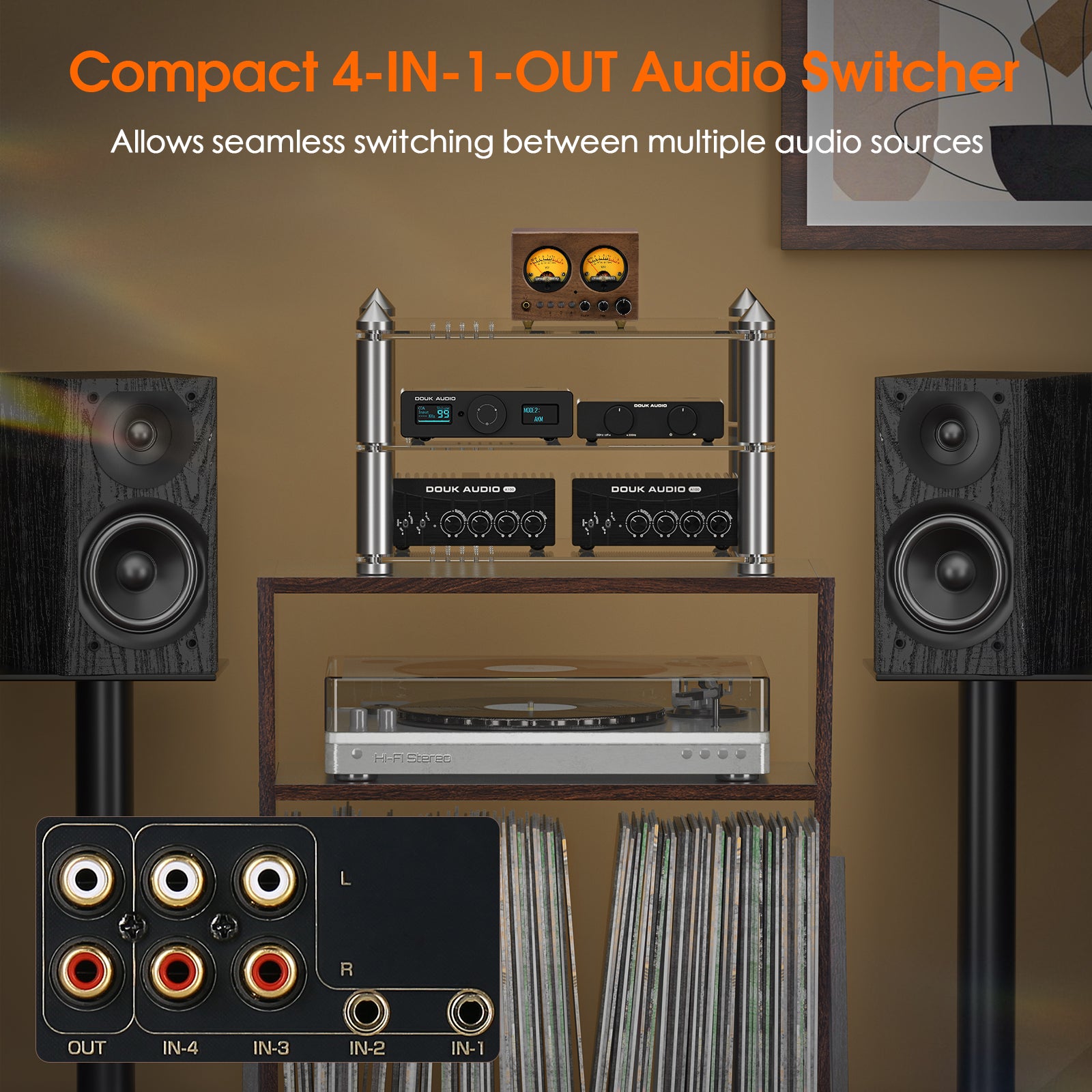 Nobsound VU1-W 4-IN-1-OUT Audio Switcher with VU Meter