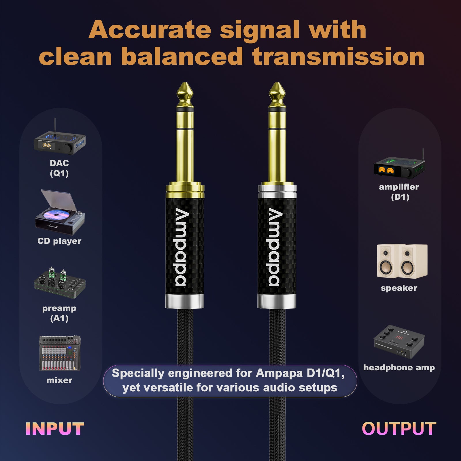 Ampapa 6.35mm TRS HiFi Audio Balanced Cable with Oxygen-free Copper
