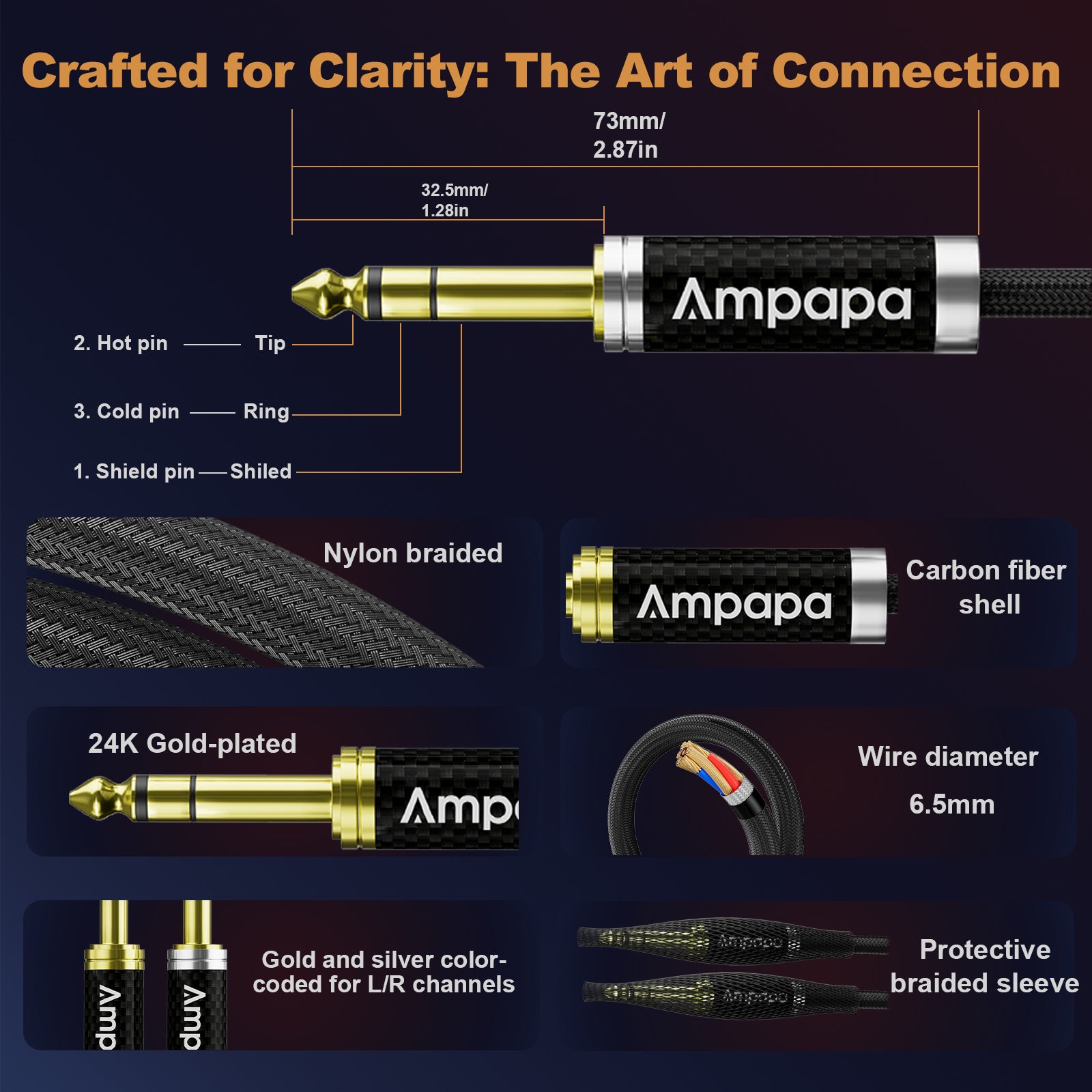 Ampapa 6.35mm TRS HiFi Audio Balanced Cable with Oxygen-free Copper