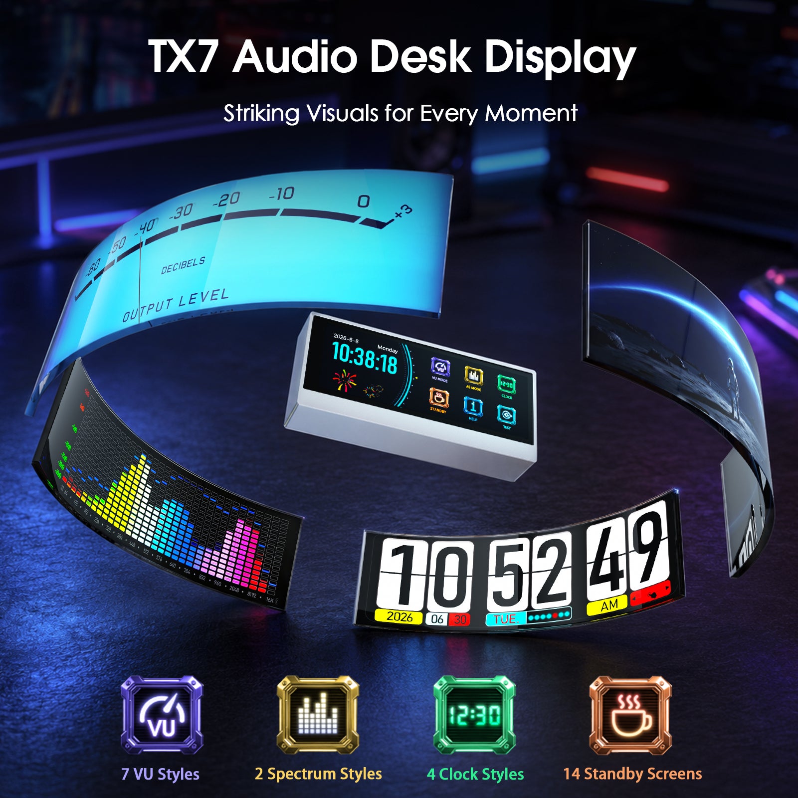 Douk Audio Lab TX7 VU Meter Audio Spectrum Visualizer & Desktop Clock Display