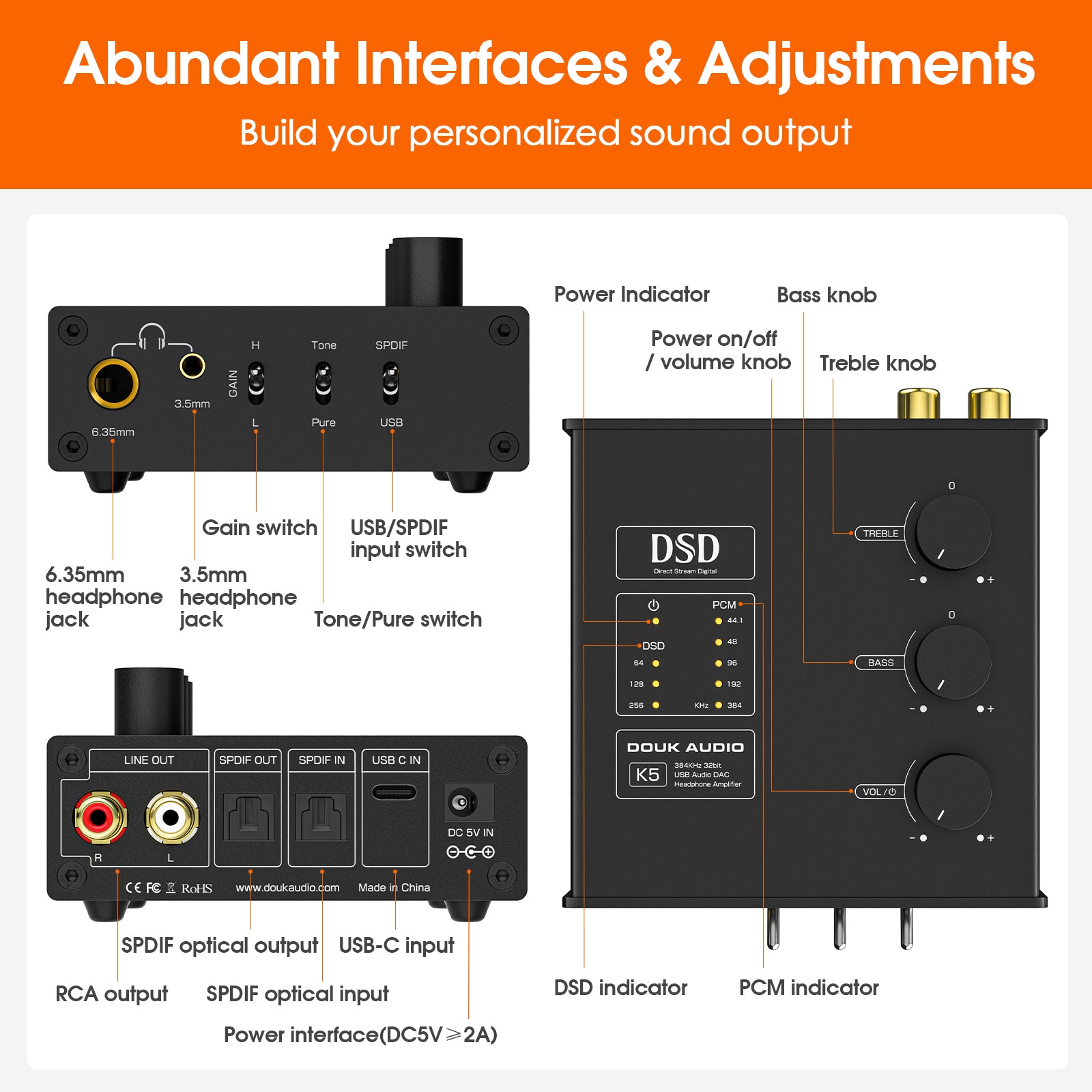 Douk Audio K5 USB DAC Headphone Amplifier OPT Digital to Analog Converter DSD256