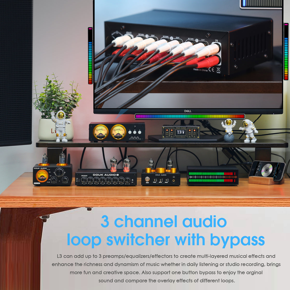 Douk Audio L3 3 Channel Stereo Audio Loop Switcher with VU Meter RCA S