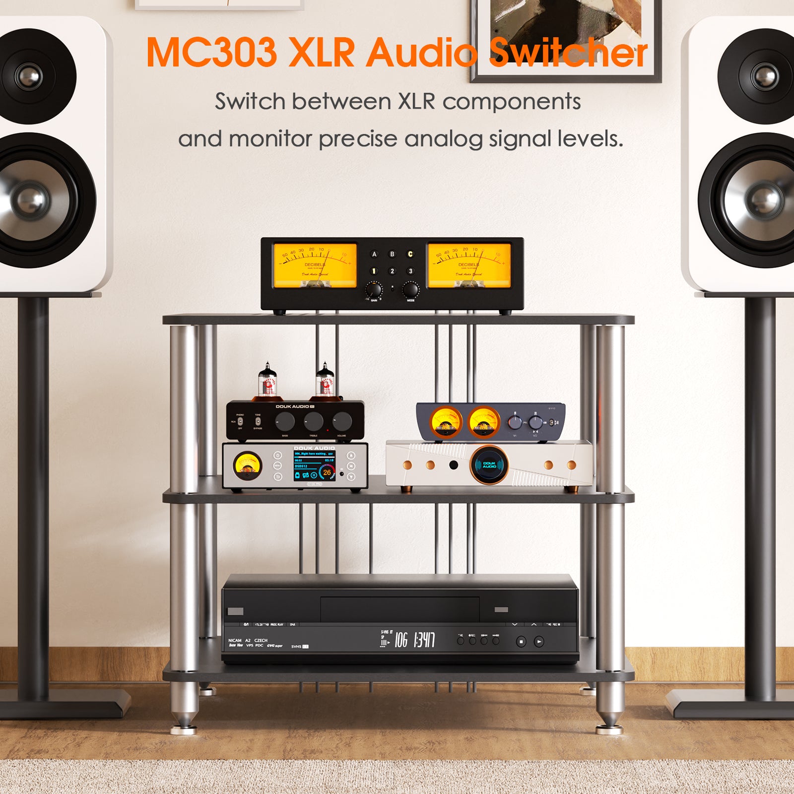 [Pre-Sale]Douk Audio MC303 3-In 3-Out XLR Audio Switcher with Actual Level VU Meter