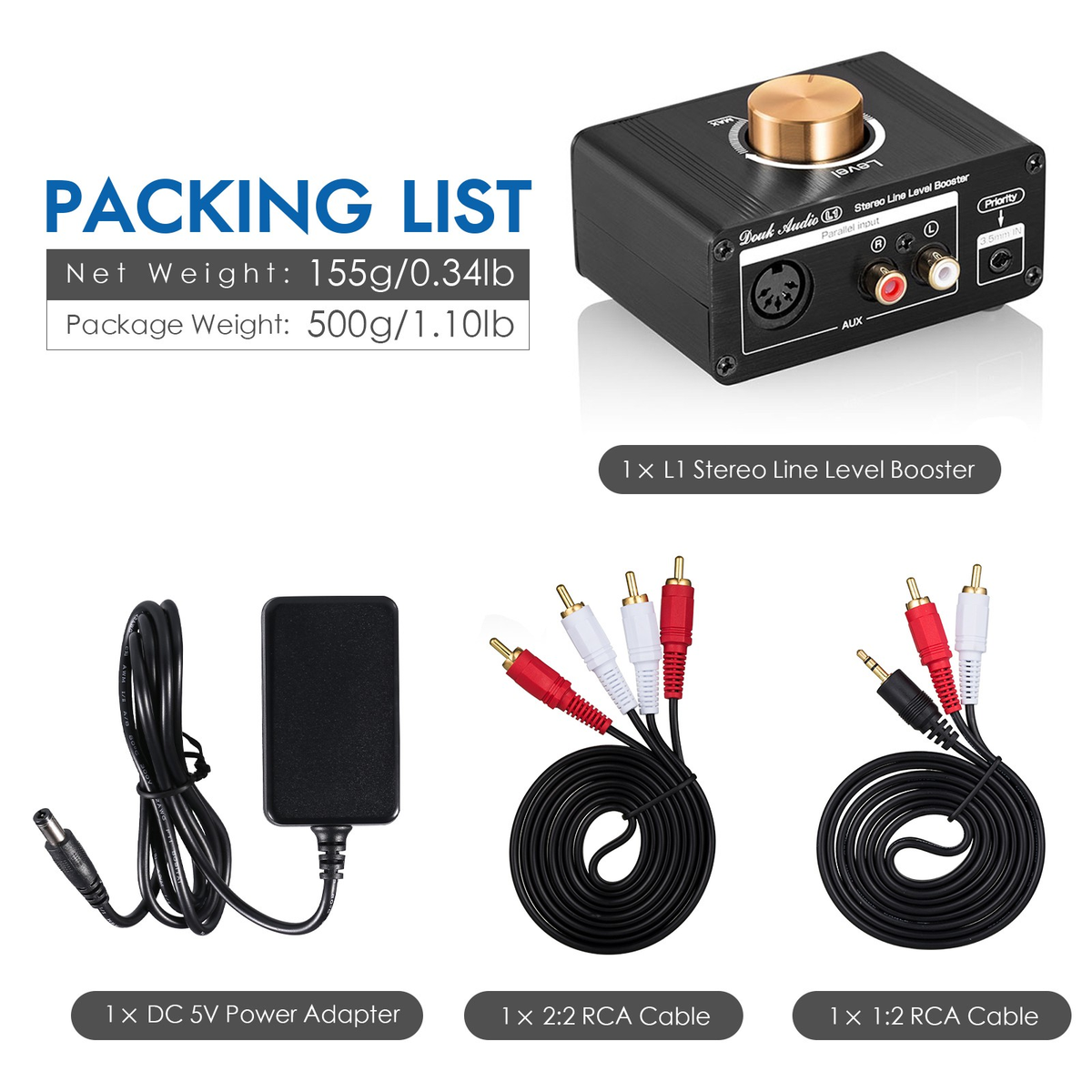 Douk Audio L1 Mini-Stereo-Line-Level-Booster-Verstärker, Audio-Vorverstärker, 20 dB Verstärkung mit Lautstärkeregelung 