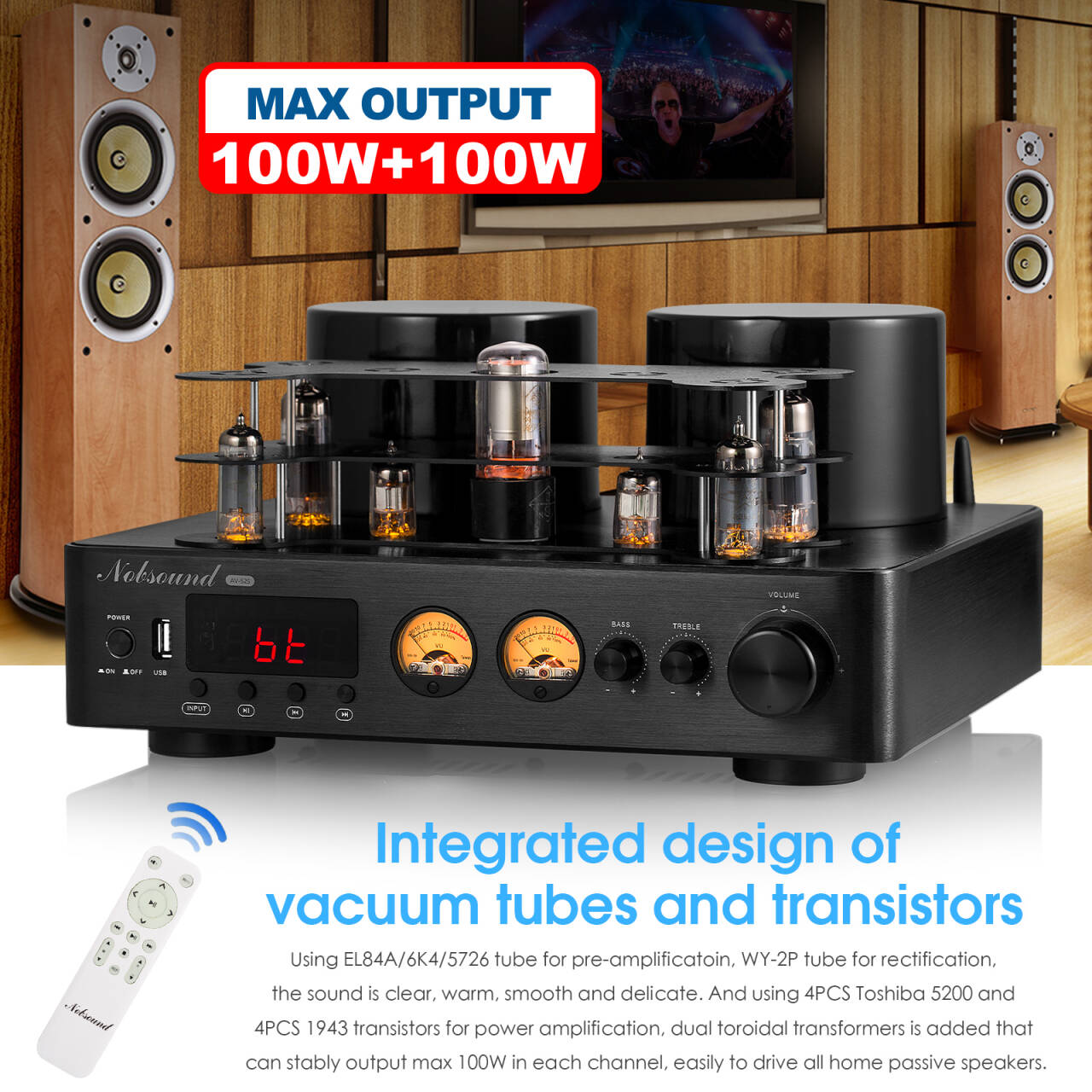 Nobsound AV-525 HiFi Bluetooth 5.0 Vacuum Tube Amplifier Coaxial / Optical Integrated Audio Amp