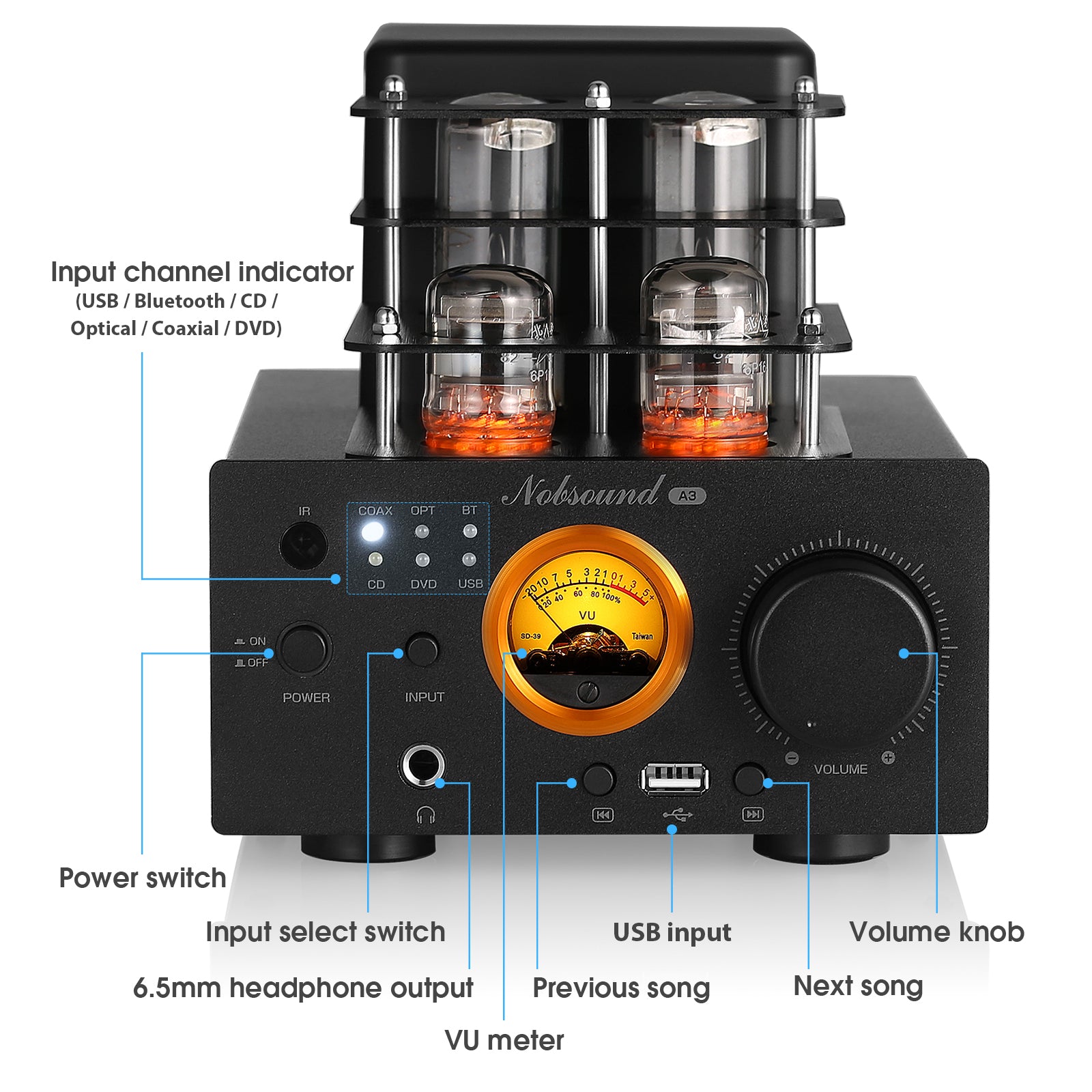 Nosound A3 HiFi Vacuum Tube Amplifier Bluetooth 5.0 Receiver COAX/OPT Power Amp USB Player