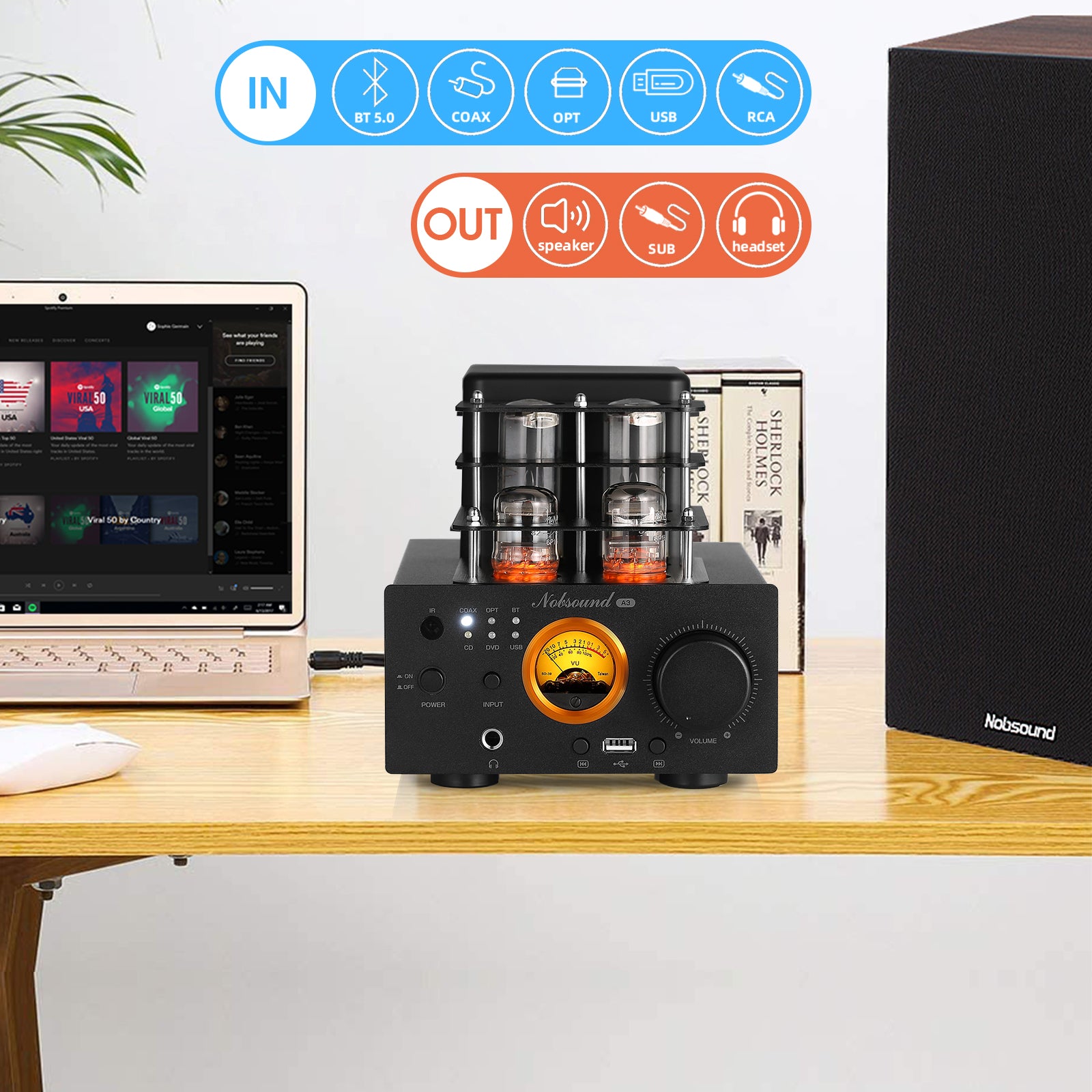 Nosound A3 HiFi Vacuum Tube Amplifier Bluetooth 5.0 Receiver COAX/OPT Power Amp USB Player