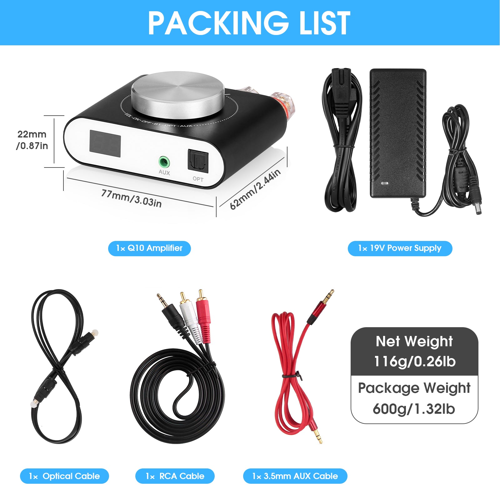 Nobsound Q10 HiFi Bluetooth 5.0 Digital Amplifier Mini AUX/Optical Stereo Audio Power Amp 100W