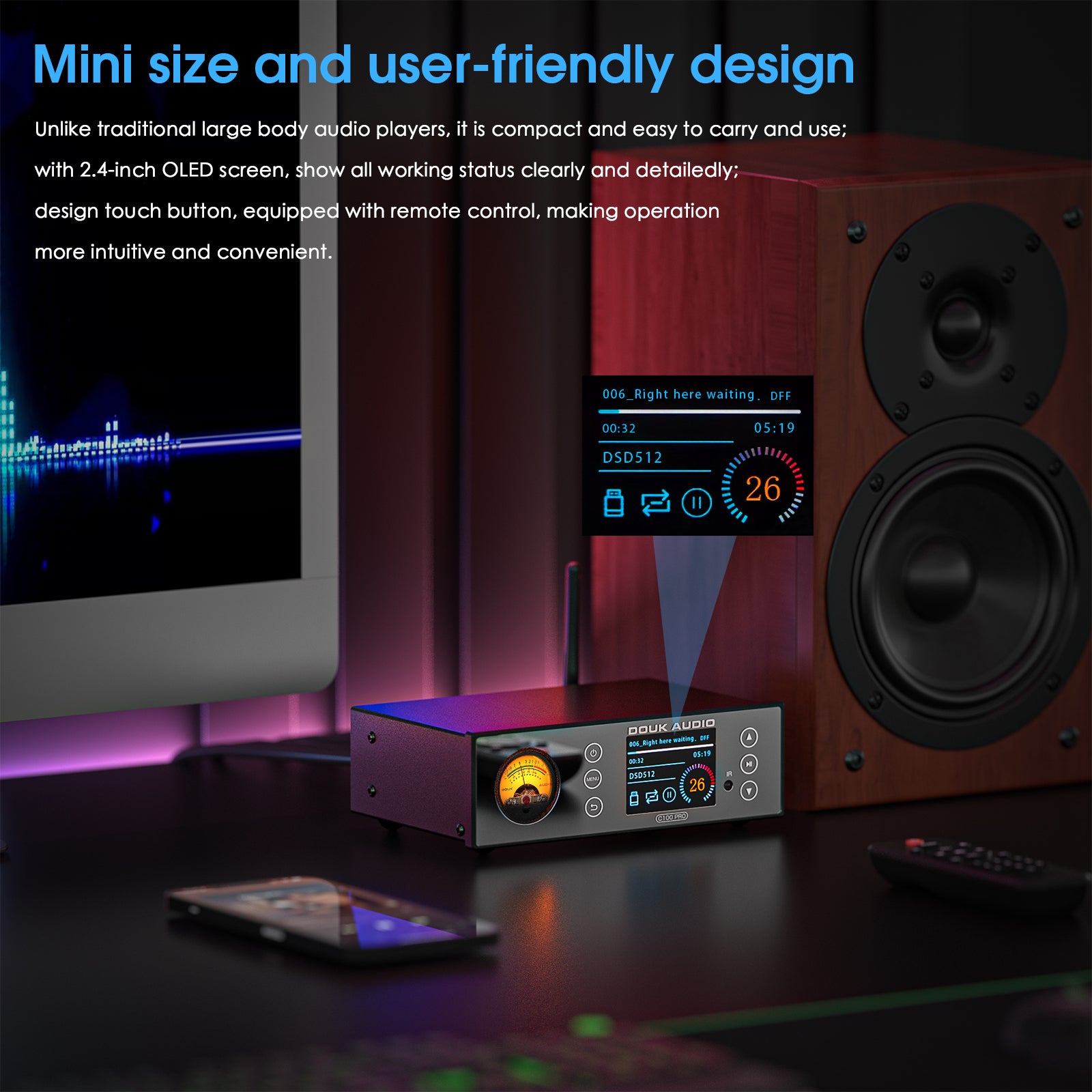 Douk Audio C100 PRO Mini Digital Audio player Hi-res Music Streamer Preamp 384K DSD