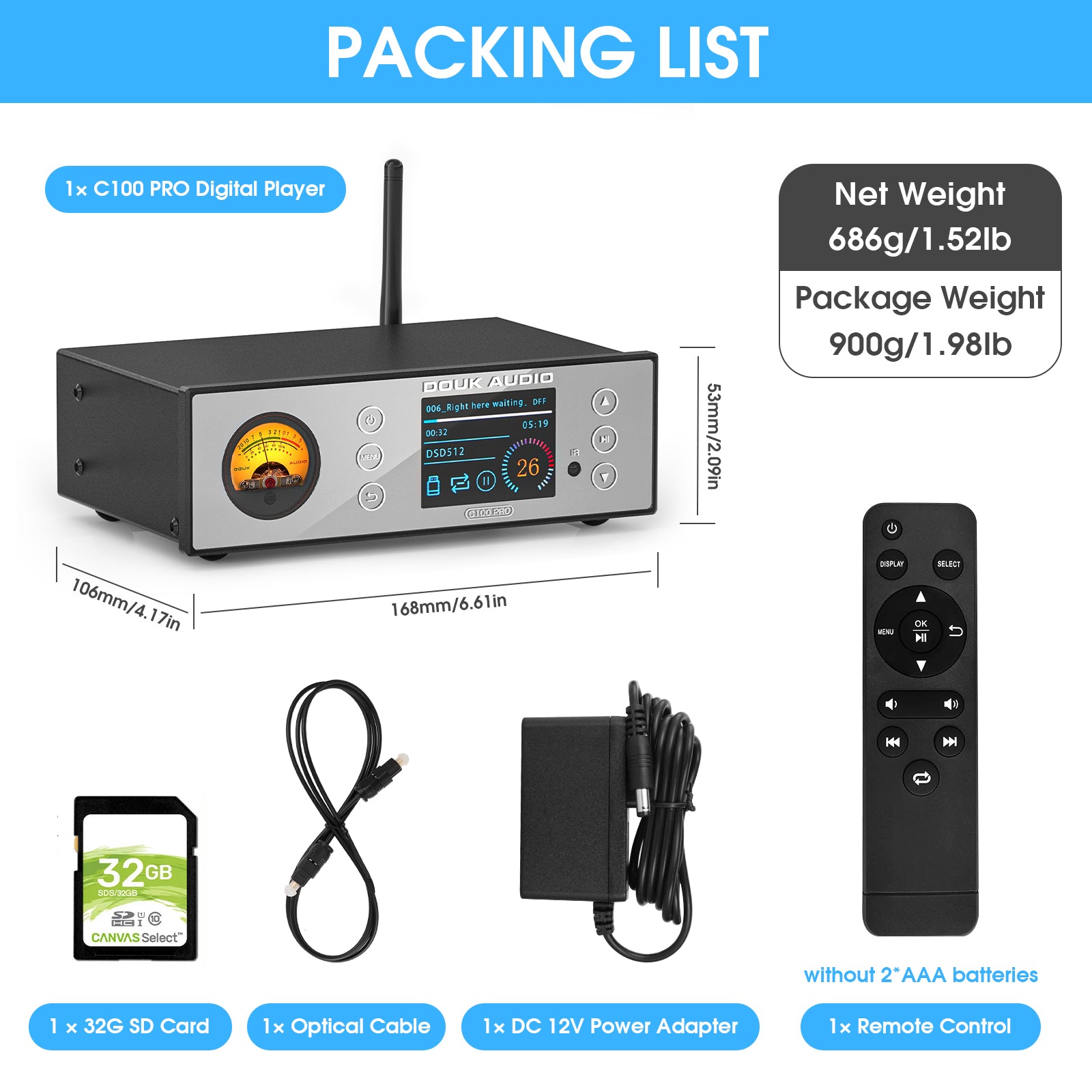 Douk Audio C100 PRO Mini Digital Audio player Hi-res Music Streamer Preamp 384K DSD
