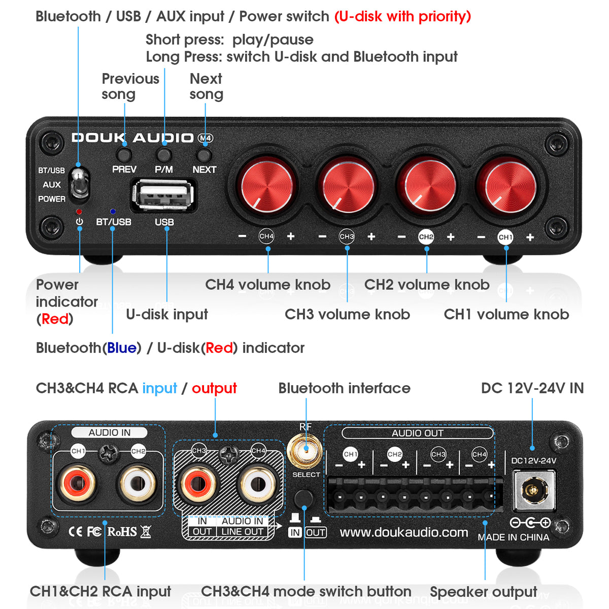 Douk Audio M4 HiFi Bluetooth 5.0 Digital Amplifier Stereo 4 Channel Mu
