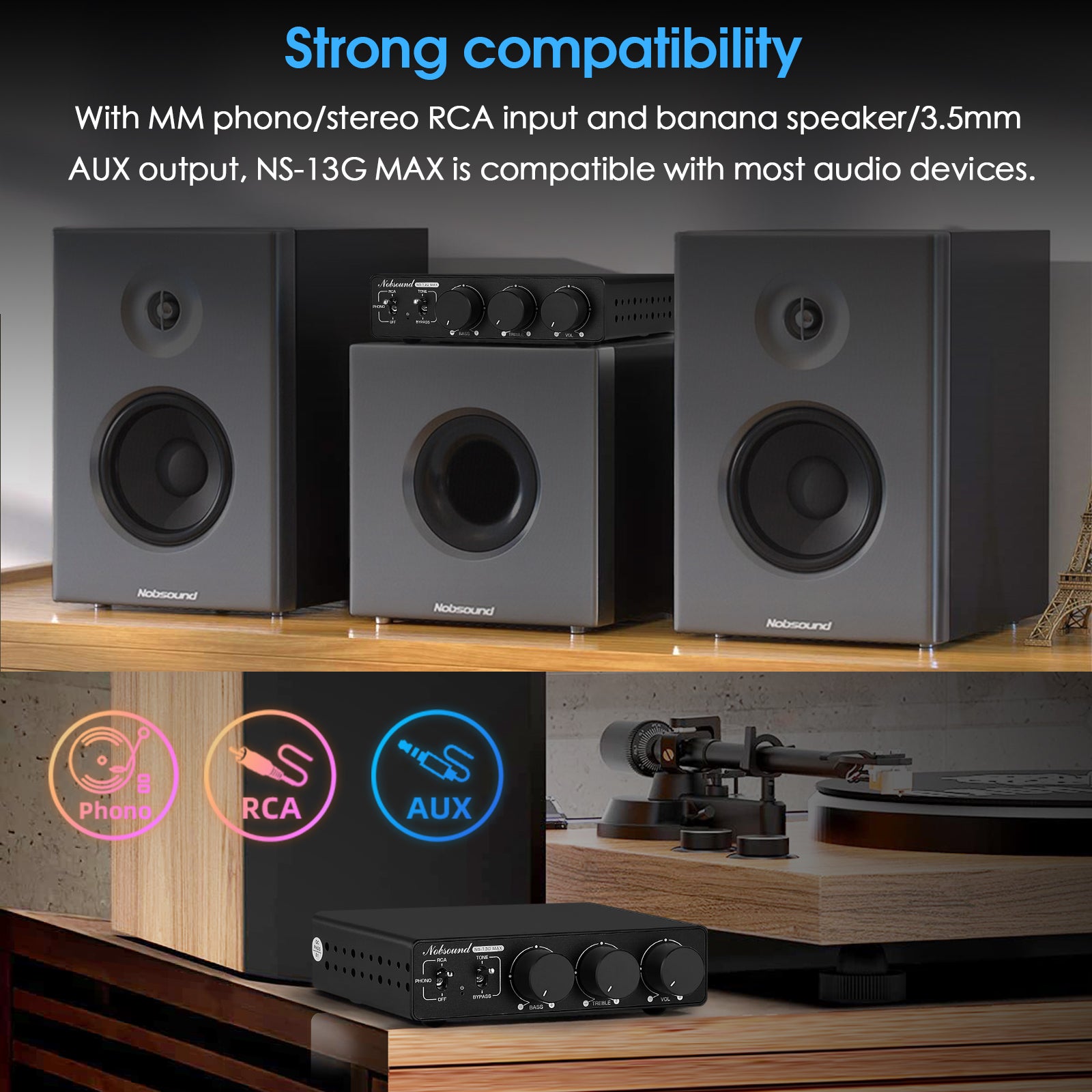 Douk Audio NS-13G MAX HiFi Mini 2-Channel Stereo Audio Amplifier Class D Power Amp with Phono 300W*2
