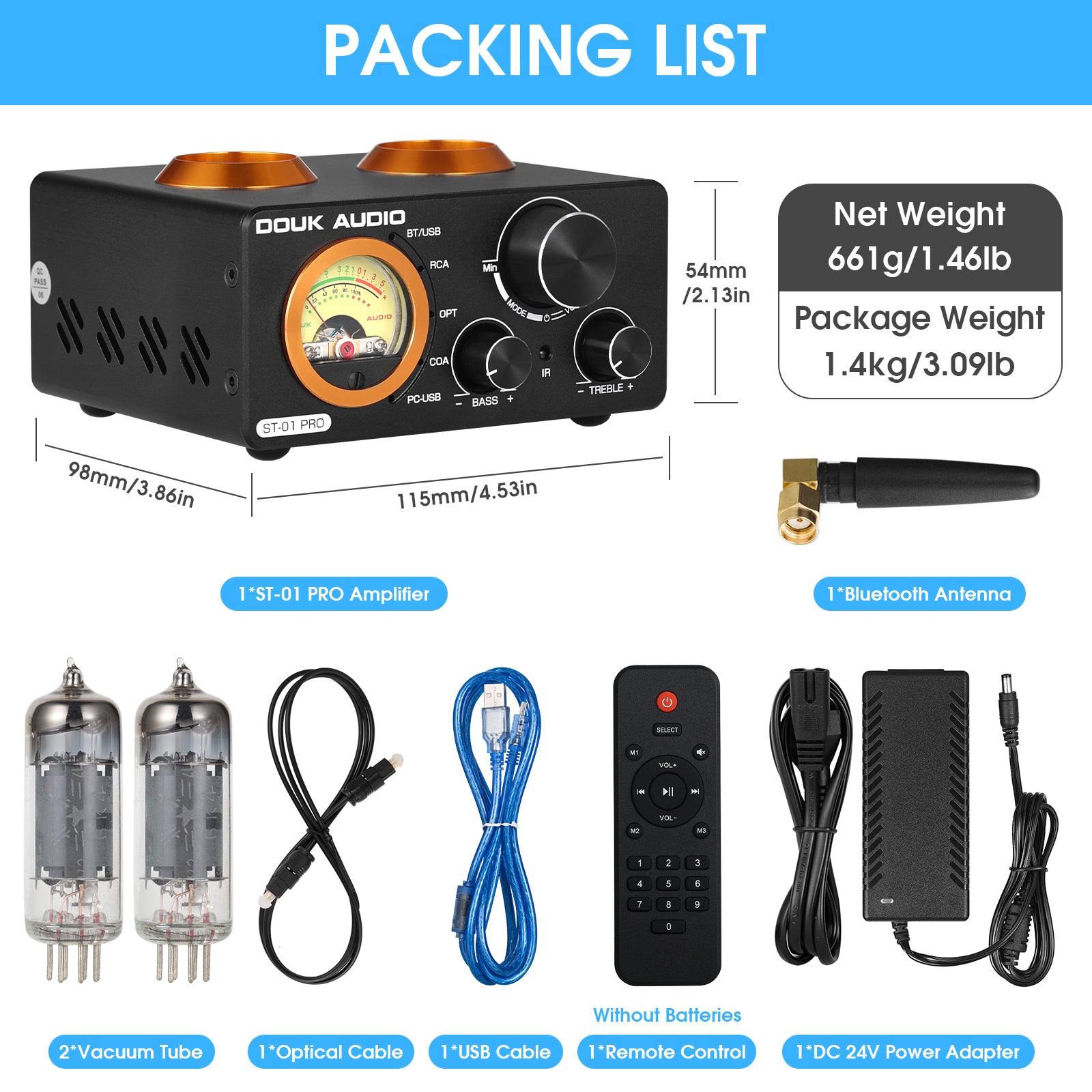 Douk Audio ST-01 PRO HiFi Bluetooth 5.0 Tube Amplifier USB DAC COAX/OPT Digital Audio Amp w/VU Meter