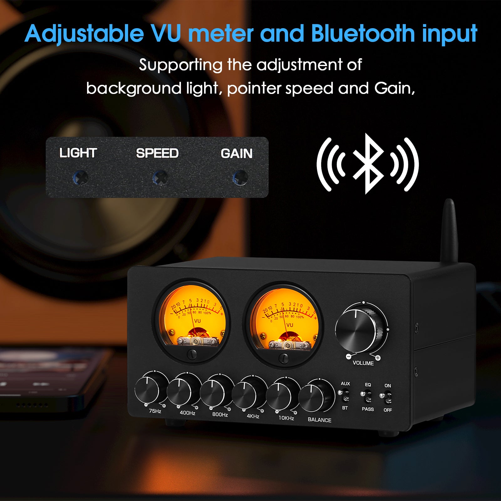 Douk Audio EQ5-TONE Mini 5-Band EQ Equalizer with Bluetooth Receiver Stereo Audio Preamp w/VU Meter