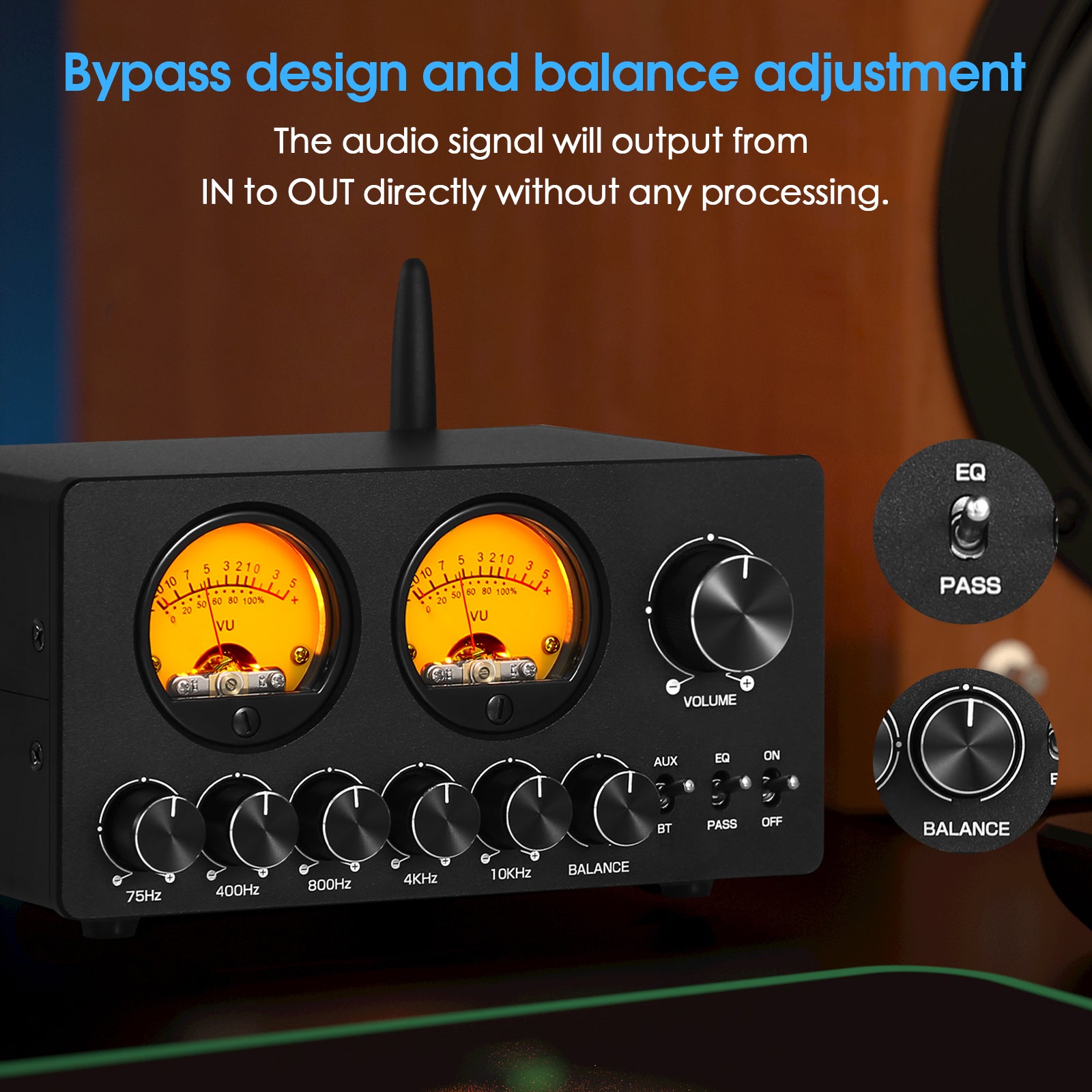 Douk Audio EQ5-TONE Mini 5-Band EQ Equalizer with Bluetooth Receiver Stereo Audio Preamp w/VU Meter