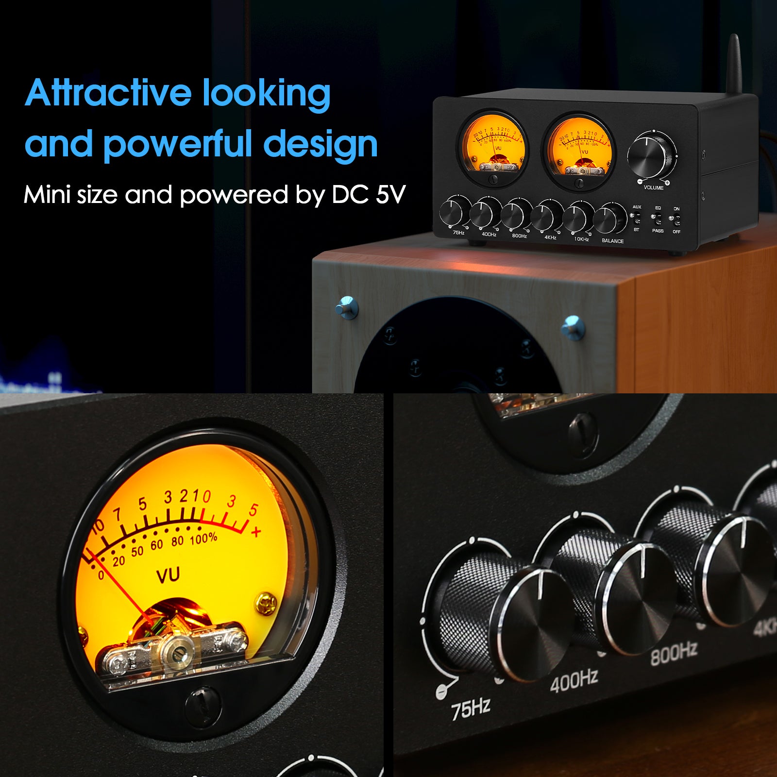 Douk Audio EQ5-TONE Mini 5-Band EQ Equalizer with Bluetooth Receiver Stereo Audio Preamp w/VU Meter