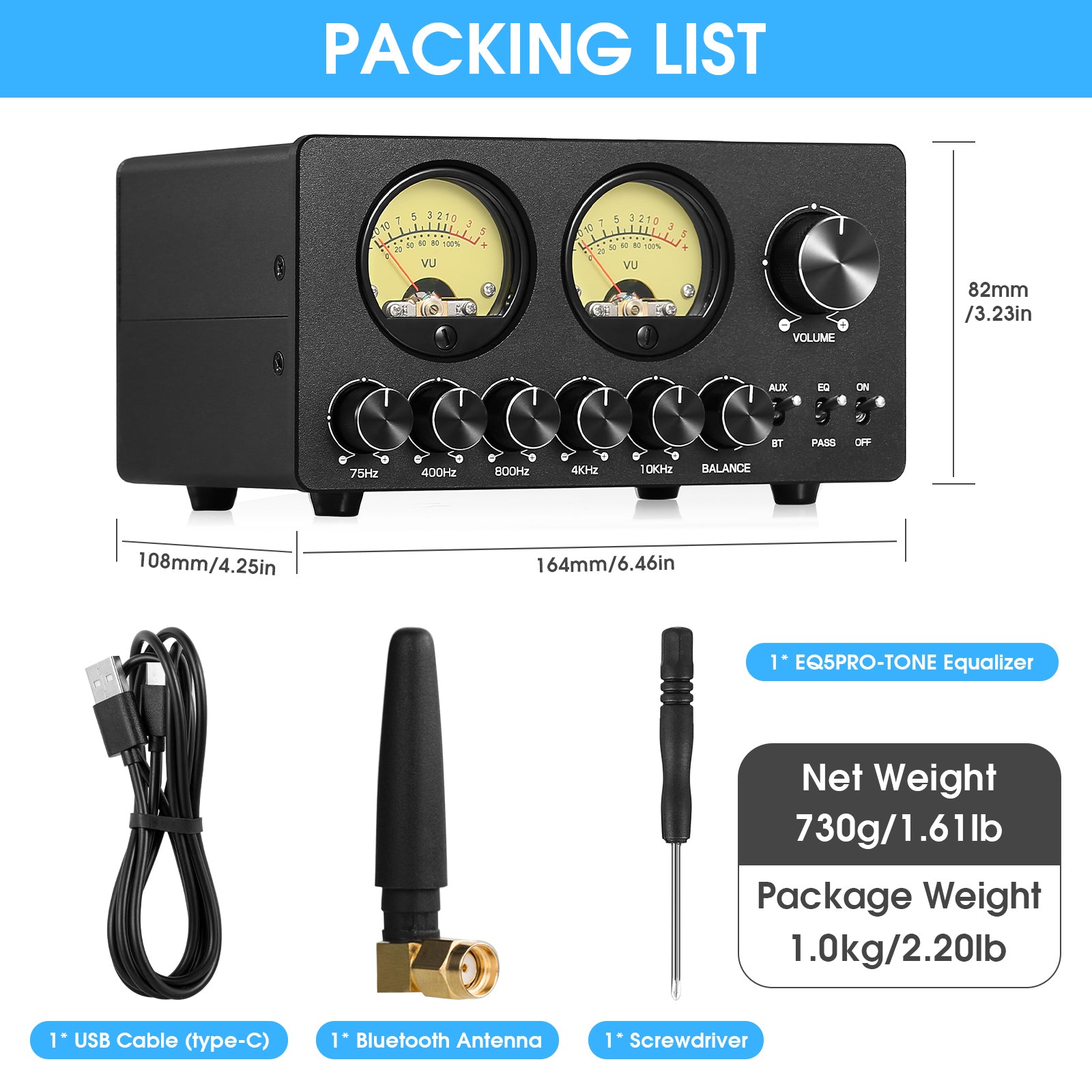 Douk Audio EQ5-TONE Mini 5-Band EQ Equalizer with Bluetooth Receiver Stereo Audio Preamp w/VU Meter