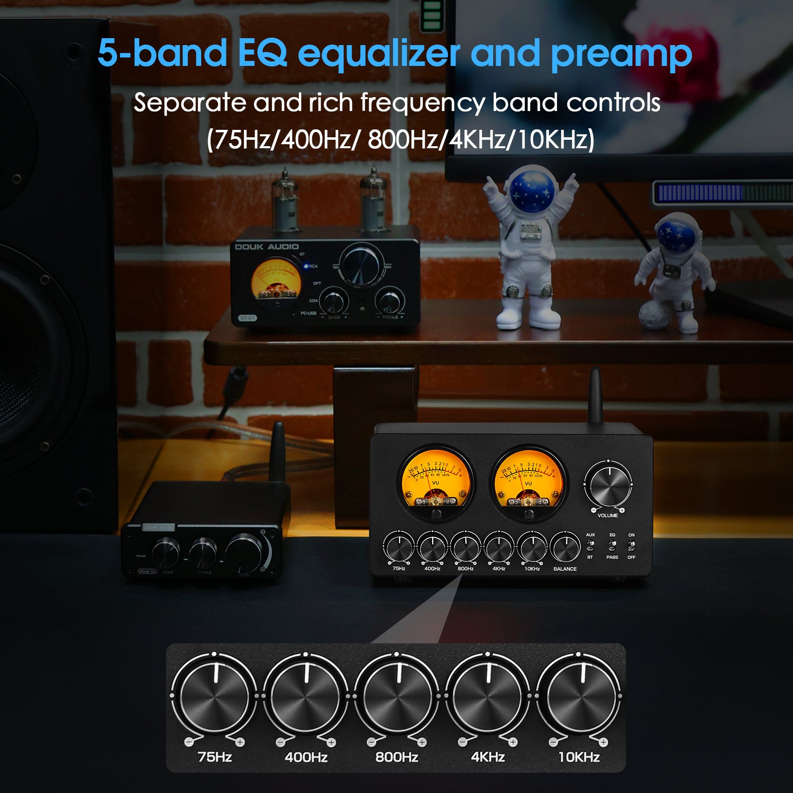 Douk Audio EQ5-TONE Mini 5-Band EQ Equalizer with Bluetooth Receiver Stereo Audio Preamp w/VU Meter