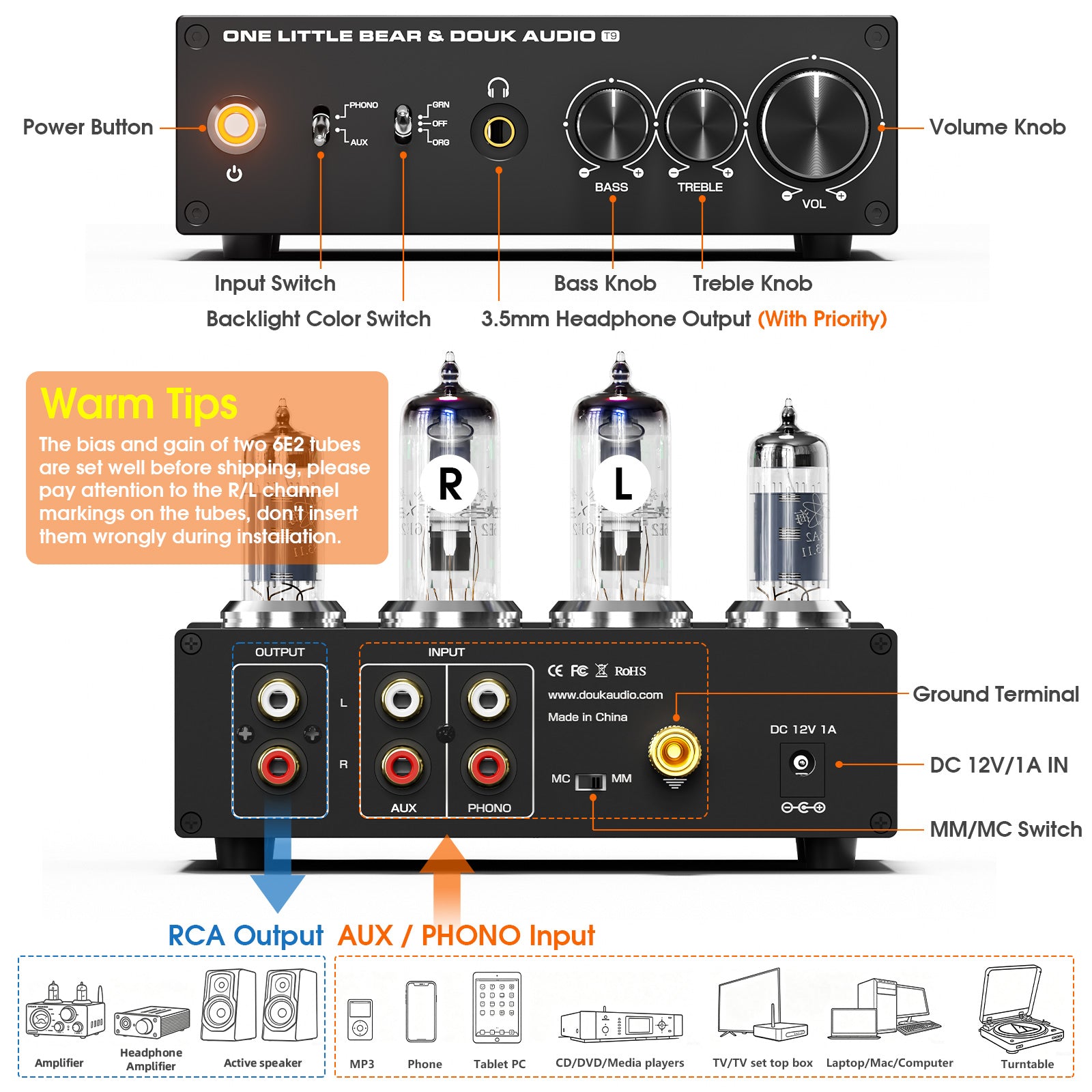 Douk Audio T9 6E2 Vacuum Tube Preamp MM/MC Phono