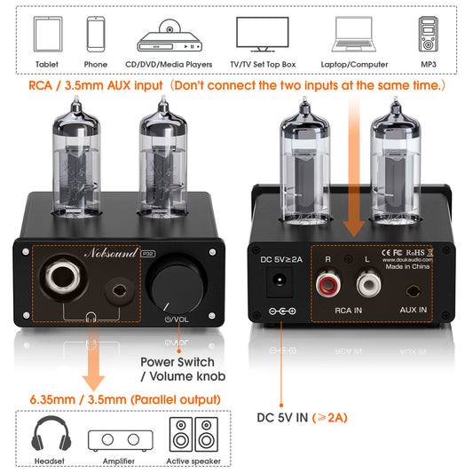 Nobsound NS-08E Mini-Vakuumröhren-Kopfhörerverstärker, HiFi-Desktop-Stereo-Audio-Vorverstärker