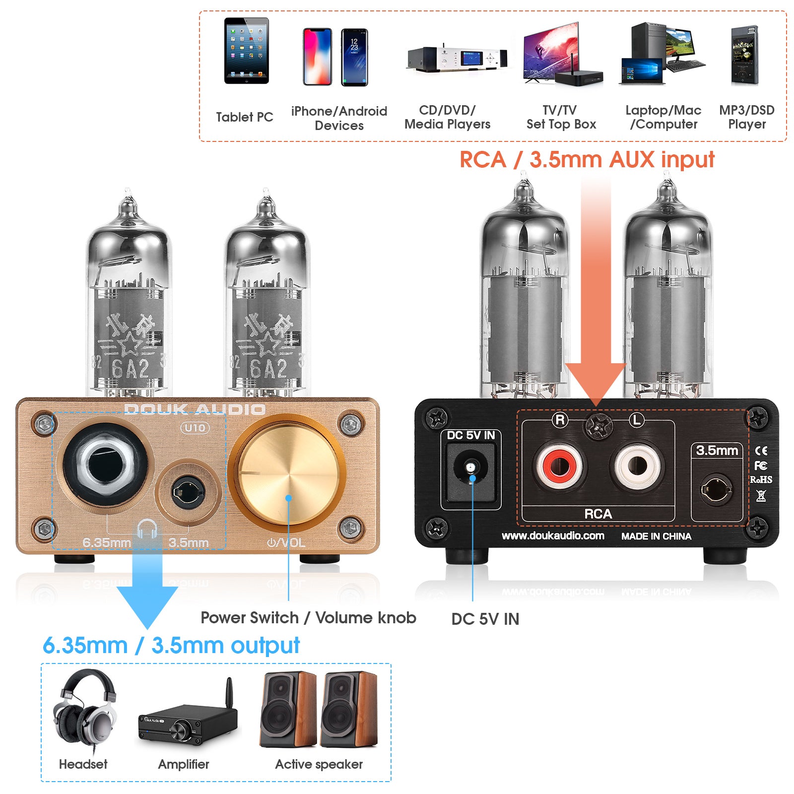 Douk Audio U10 Mini Tube Headphone Amplifier HIFI Stereo Preamp for Home Speaker
