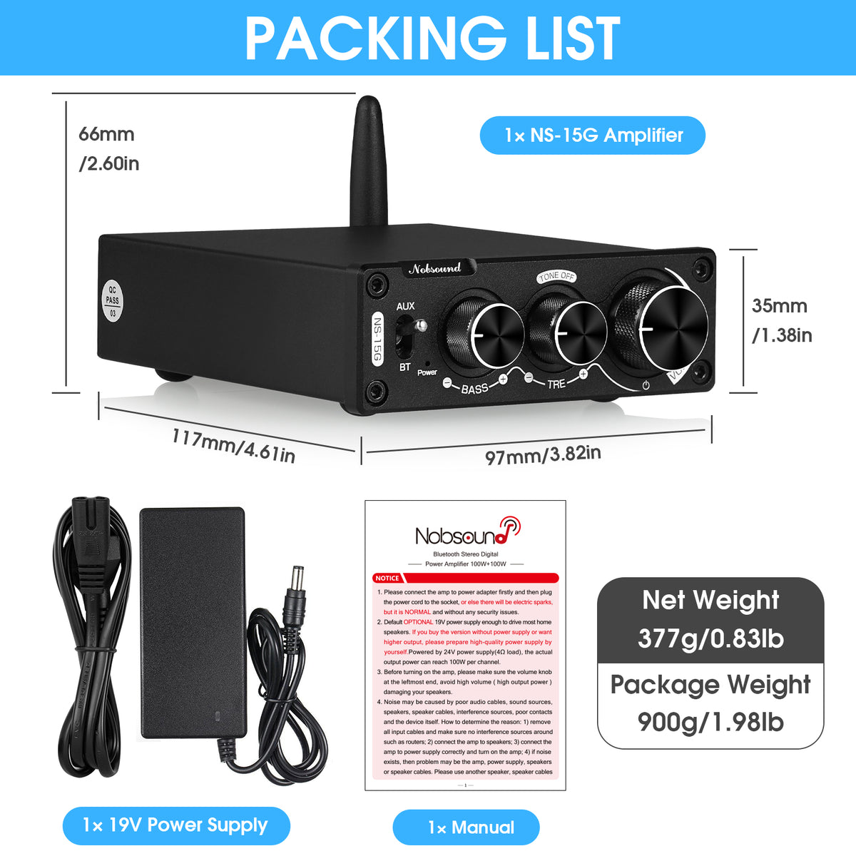 Nobsound NS-15G Mini Bluetooth 5.0 Digital Amplifier Receiver TPA3116 ...